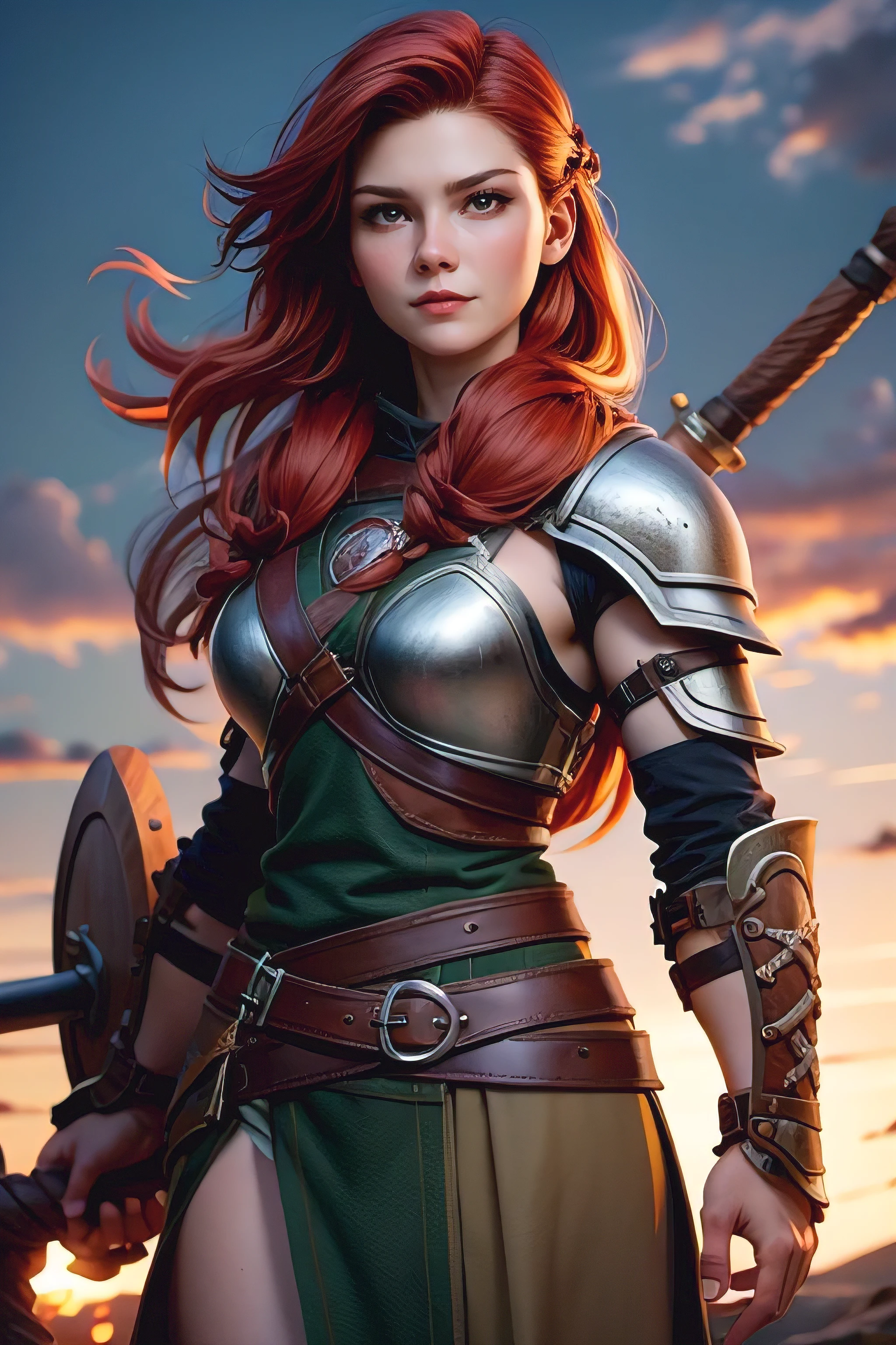 woman young, Red-haired warrior, long hair gathered in a single braid, freckles on the face, mix of Nordic and Celtic themes, armed with long sword and round wooden shield, wearing medium leather armor with fur linings and Celtic and Norse knots, , very detailed , highest quality. No background.