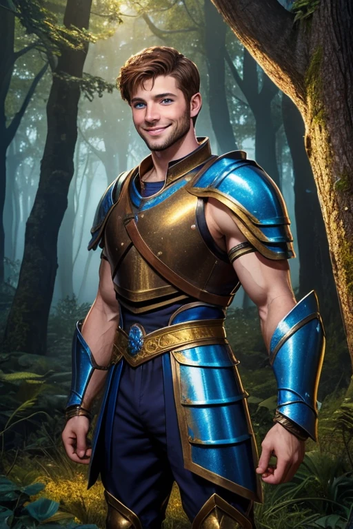 Photo realistic. A handsome, twenty-year-old, Caucasian, muscular medieval warrior, with fade-cut, brown hair, stubble, and blue eyes, wearing sleeveless, shimmering blue and gold armor, smiling slightly, standing in a magical forest, with glowing lights floating around, at dusk.