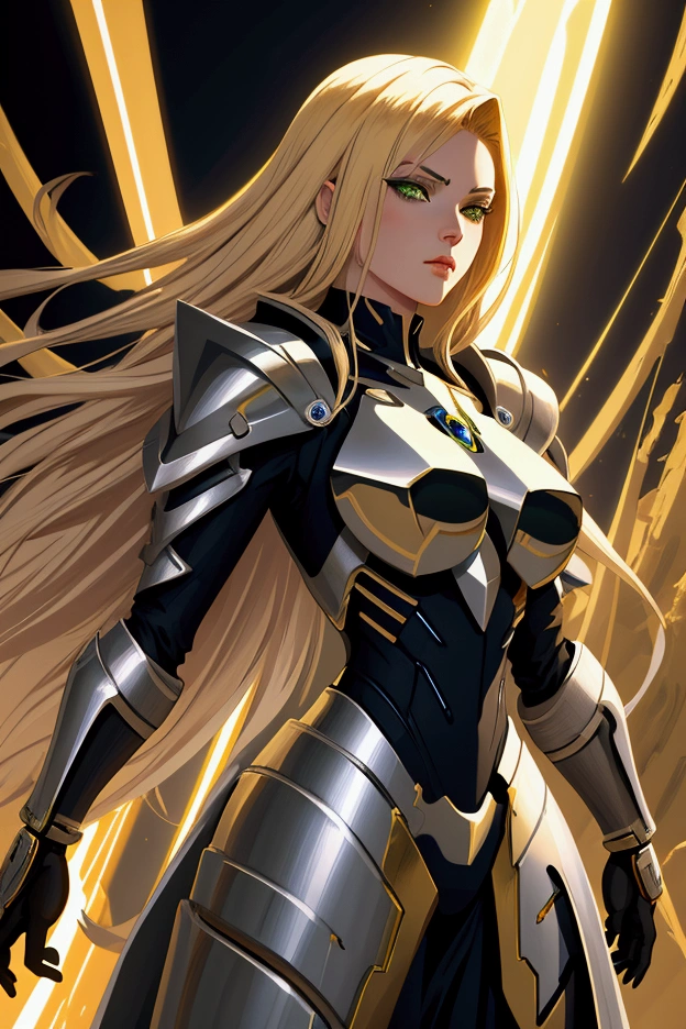 digital painting, illustration, strokes, concept art full body , futurist, anime, seductive, caballero mujer hermosa futurist cruzado, blonde hair green eyes , silver armor, golden LEDs , several views, epic and powerful