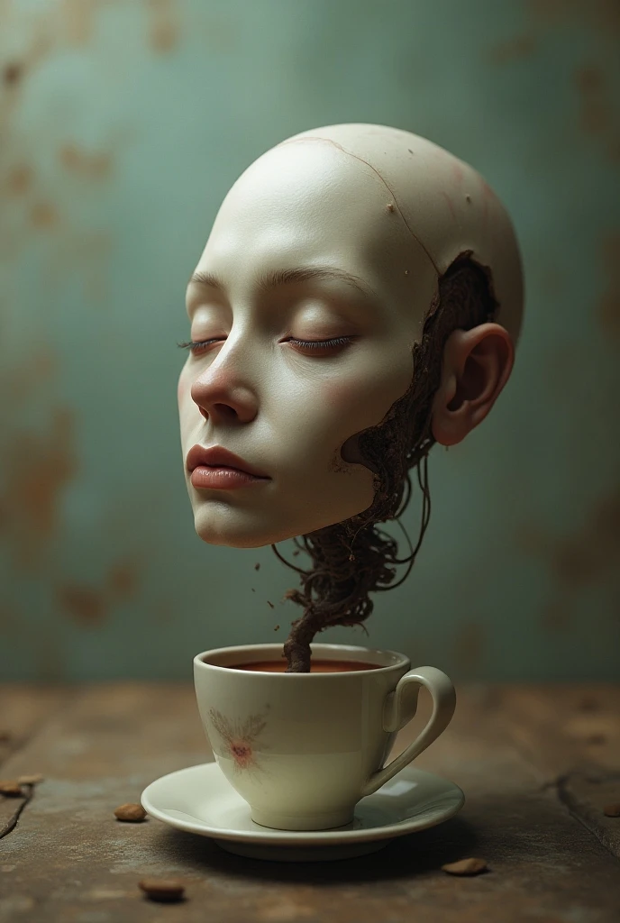 Human skeleton with long hair drinking coffee