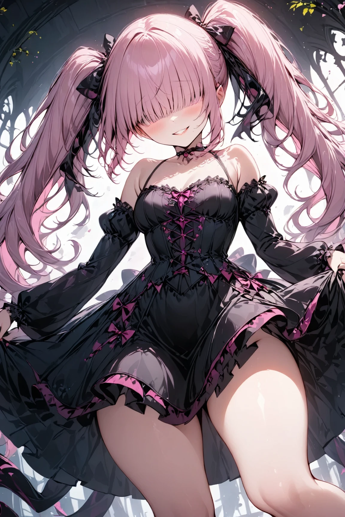 One young and beautiful woman,(Best Quality, Extremely Detailed Description , incredible high definition,High quality anime drawings),( intricately made pink and black gothic dress,Fluttering skirt,ribbon, choker,, pink and black long boots ),( pink hair:1.3, Twin Tails, eyes hidden with bangs :1.3,Long bangs:1.3, bangs extend below eyes:1.3,Thin chest,Beautiful legs, curvy body),(smirking laugh :1.3,Model pose:1.3,),(Full body image:1.3),