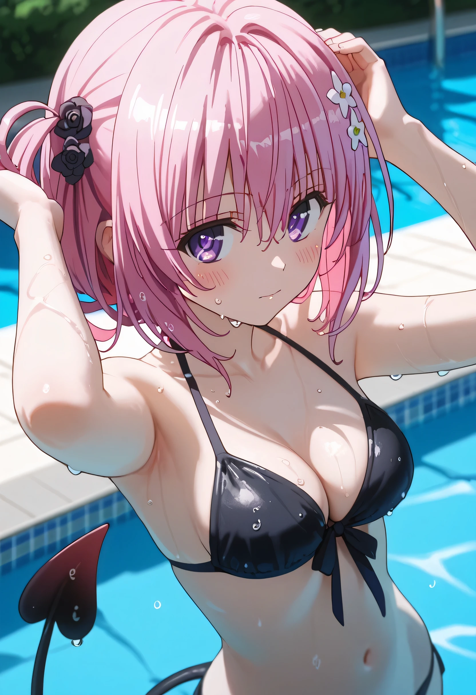 score_9,score_8_up,score_7_up,solo,looking at viewer,blush,Momo Belia Deviluke,pink hair,hair ornament,hair flower,hair between eyes,bangs,purple eyes,medium breasts,demon tail, ,bikini, black bikini, wet, pool, blush,arms up, pool, blush,bent over,cleavage