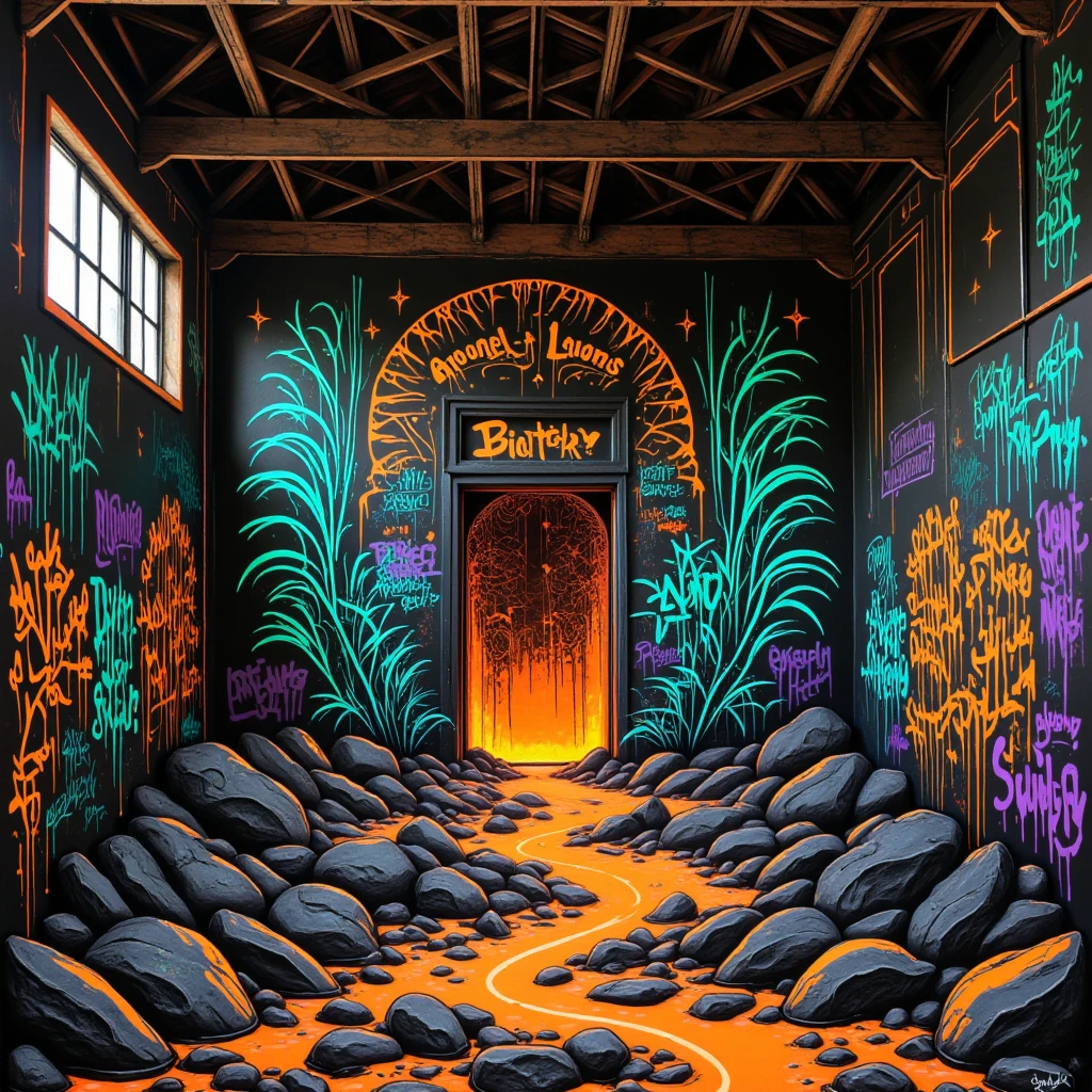 BP Graffiti Style, A striking graffiti mural on the wall of an abandoned warehouse, showing a portal with flames and volcanic textures, leading to a dimension of flowing lava and dark rock formations. 
