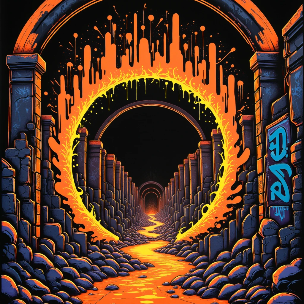 BP Graffiti Style, A striking graffiti mural on the wall of an abandoned warehouse, showing a portal with flames and volcanic textures, leading to a dimension of flowing lava and dark rock formations. 
