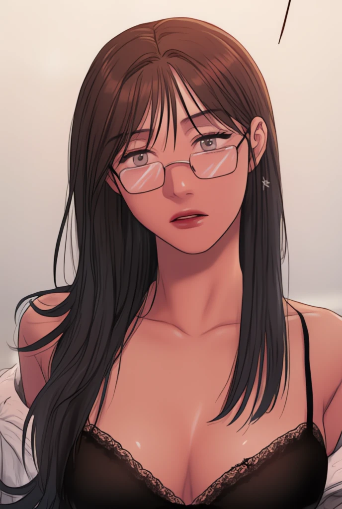 Prompt: 1girl, solo, looking at viewer, glasses,mullet hair style, eyelashes,brown skin, portrait, realistic, red lips,dark skin,tanned,crop top