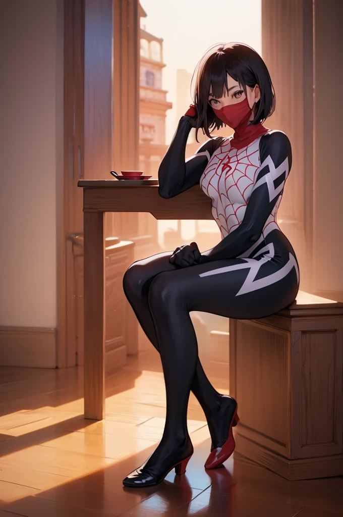 (masterpiece, Best Quality:1.2), Alone,  1 girl, Cindy Moon ,  , Sit-in,  mouth mask,  short hair, bodysuit,  spider webprint