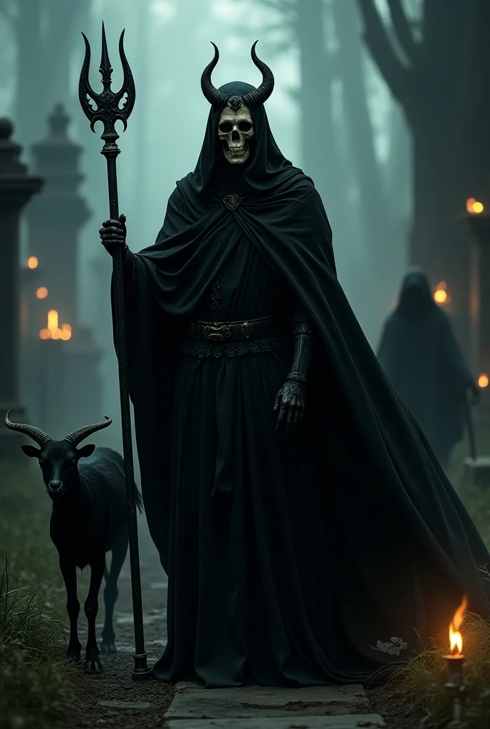 Old skull,with a black cloak ,,leaning on a cane,in an old cemetery,smoking a pipe,wearing a golden crown, next to a black goat with large horns, in the background a large old wooden cross
