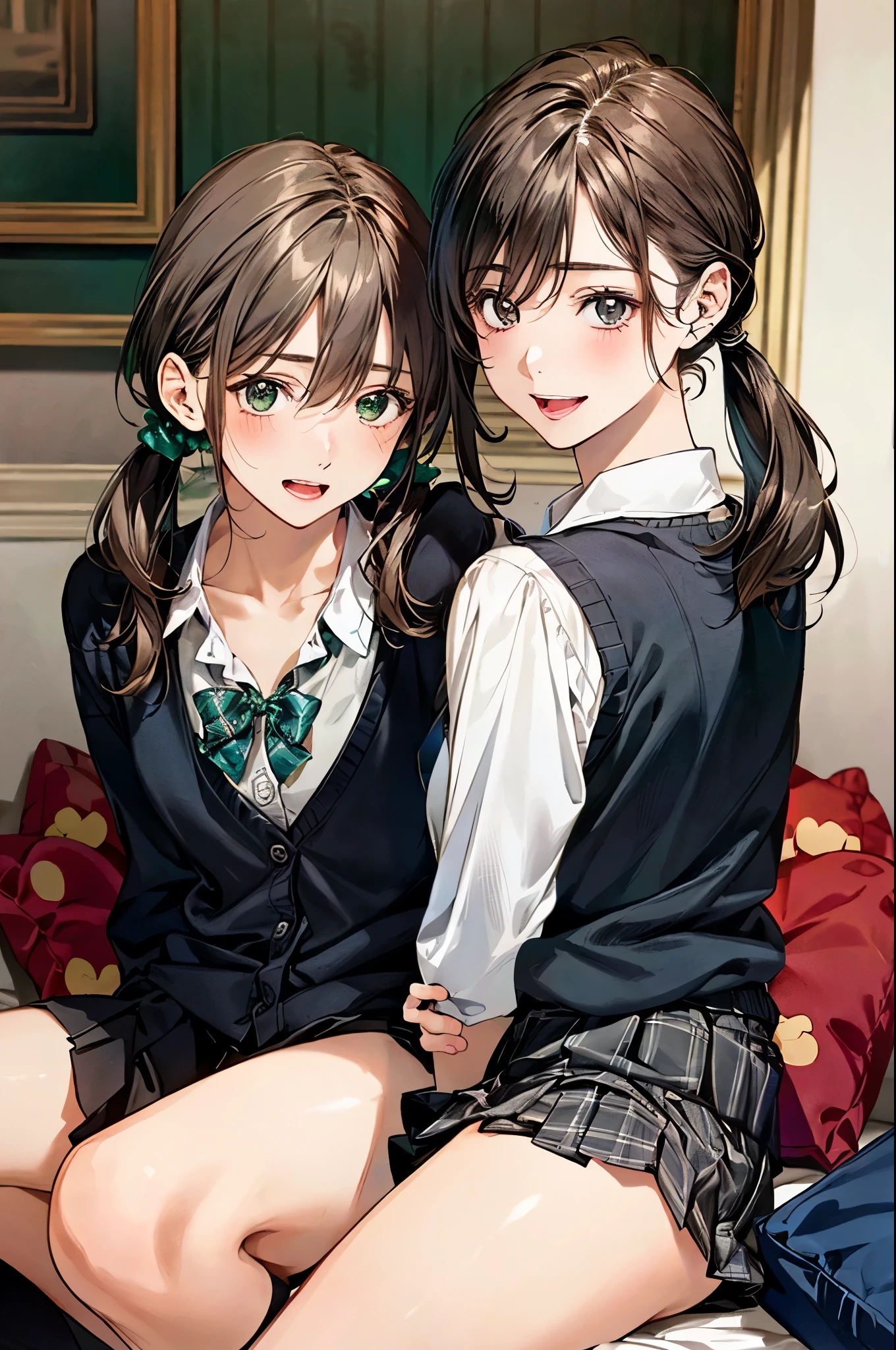 Highest quality, masterpiece, High resolution, alone, {full moon_Fleet Collection:1.15}, Long Hair, Brown Hair, Glasses, brown_eye, red-framed_Glasses, semi-rimless_Glasses, Crescent Moon, black_Seraphim, blush, Under Rim_Glasses, One girl, Closed_eye, Open_mouth, School_uniform, (indoor, office, living room), , blackスカート, ^_^, eggplant, smile