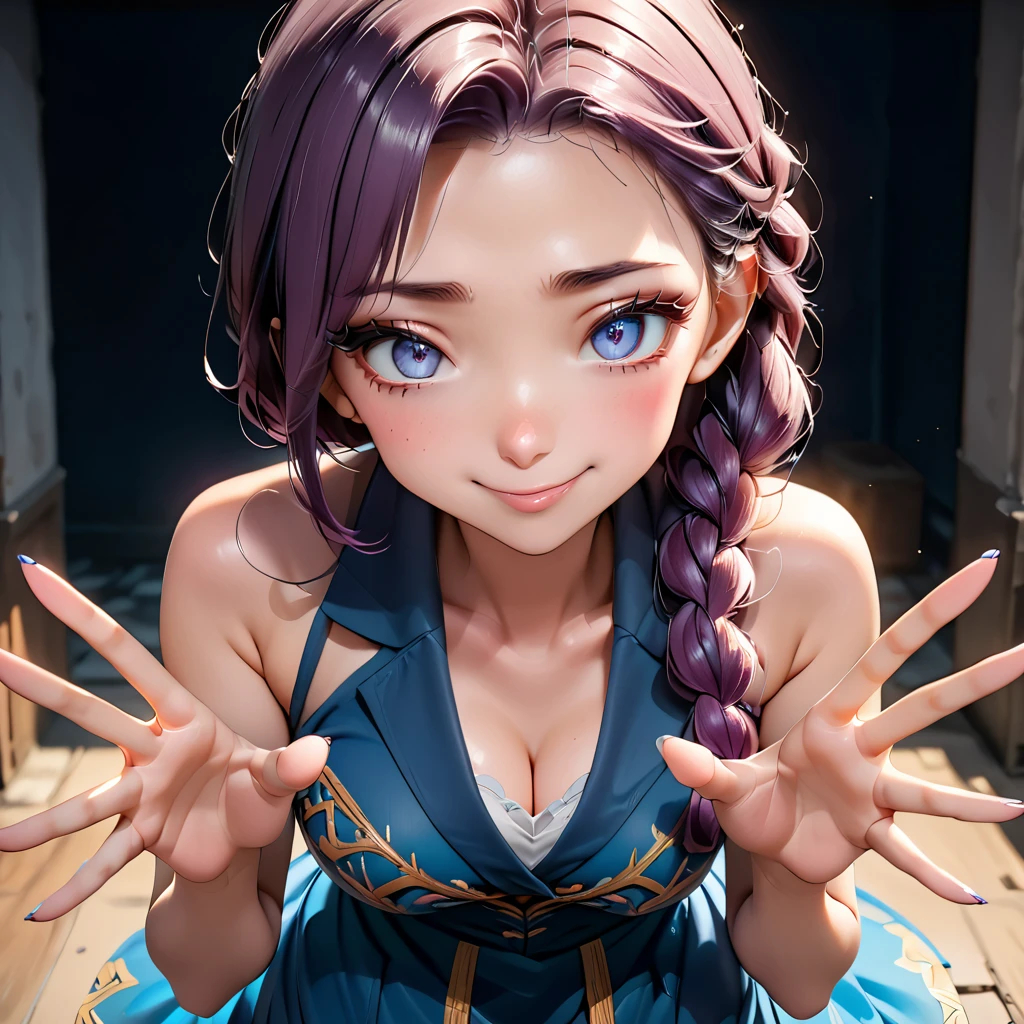 Masterpiece, 4K, HDR, full HD, (best quality), (ultra detailed), (only), intricate ANIME TYPE, best quality, 1girl, ((deep purple hair)) , hyper beautiful face, purple hair, perfect anatomy, shiny skin, full body, alone, long hair, looking at viewer, perfect hands, perfect legs, super detailed clothes, intricate clothes, hyper detailed cloths, super detailed face, super detailed skin, super detailed quality, expressive eyes, blue eyes, super detailed eyes, JK, epngekatsuragimisato ,  SDXL Illustration Design Pretty Girl Two-dimensional Pretty Girl Digital Painting Comic Ukiyo-e Watercolor Manga Other,ROUGH, smile, blushing, dynamic pose, American shot, cowboy shot, portrait quality, super detailed hands, super detailed fingers, very beautiful fingers, very beautiful hands, The image created is 3/4 of the body, bright blue lipstick, standing facing the viewer, stylized fingers, detailed female fingers, standing in front of the viewer, leaning towards the viewer in a sensual way, V-neckline, tongue out,, ElsaXPLcleavage, blue dress, single braid over shoulder, 