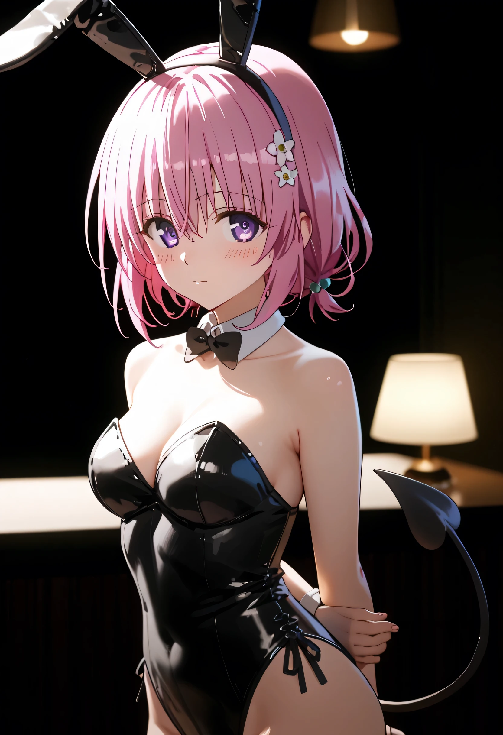 score_9,score_8_up,score_7_up,solo,looking at viewer,blush,Momo Belia Deviluke,pink hair,hair ornament,hair flower,hair between eyes,bangs,purple eyes,medium breasts,demon tail, black bow, detached collar, fake animal ears, arms behind back, playboy bunny, black leotard, strapless leotard, black bowtie