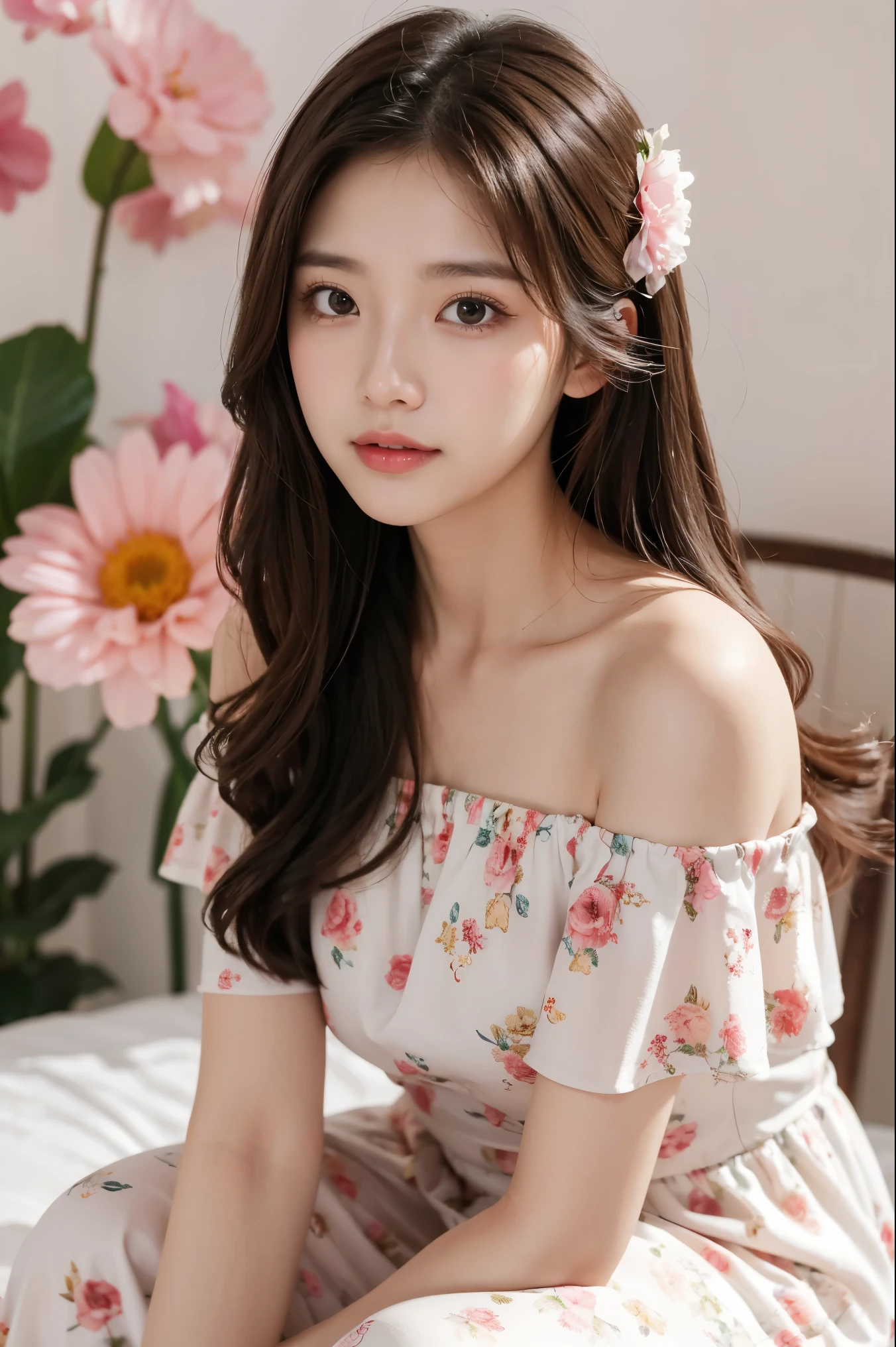 long wavy hair, off-shoulder floral dress, light material with pink flower patterns, no visible accessories, sitting pose, looking slightly away from the camera, smooth fair skin, indoor floral-themed backdrop, soft lighting from the left, romantic and elegant atmosphere, front view angle, shallow depth of field, well-balanced exposure.