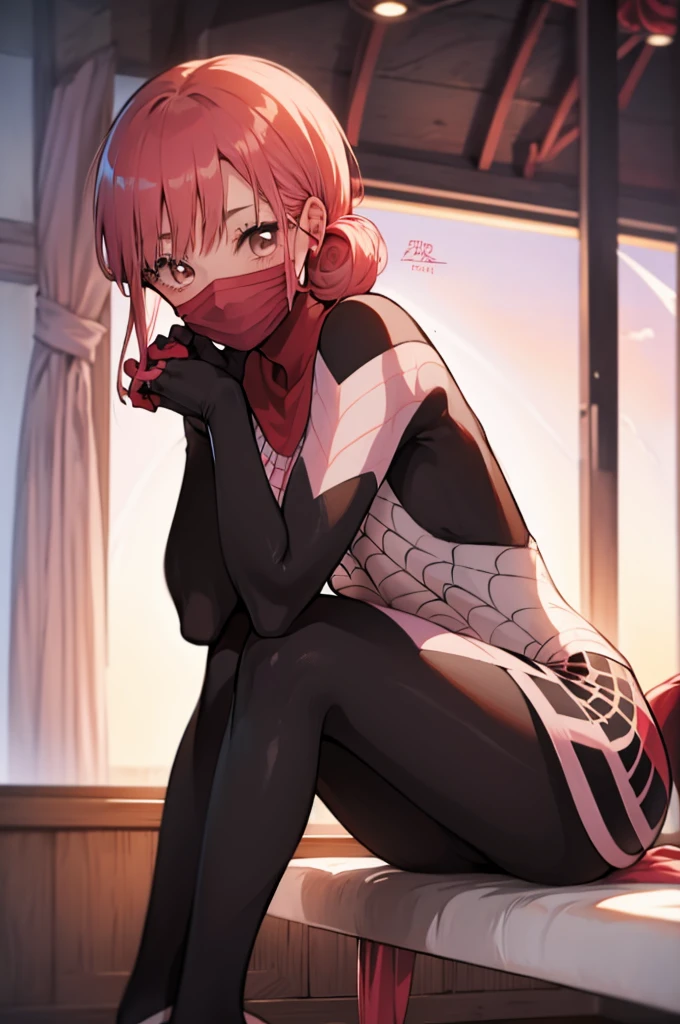 (masterpiece, Best Quality:1.2), Alone,  1 girl, Cindy Moon ,  , Sit-in,  mouth mask,  short hair, bodysuit,  spider webprint，1girl, Alone, short hair, double bun, pink hair, brown eyes