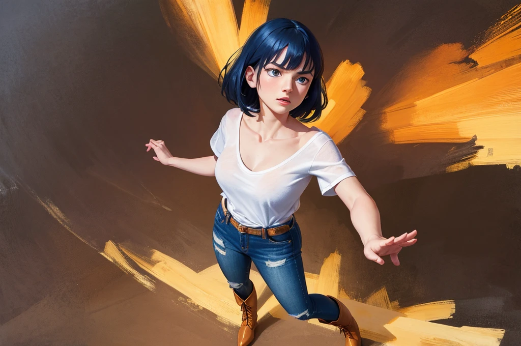 ( masterpiece , best quality , 8K, ) tomonorikogawa, cinematic light , 1 girl , Inciting composition, from above , dynamic pose ,  blue eyes , black medium hair , collarbone , bangs , orange shirt , jeans , ankle boots, closed mouth , oil painting , abstract background , brush strokes