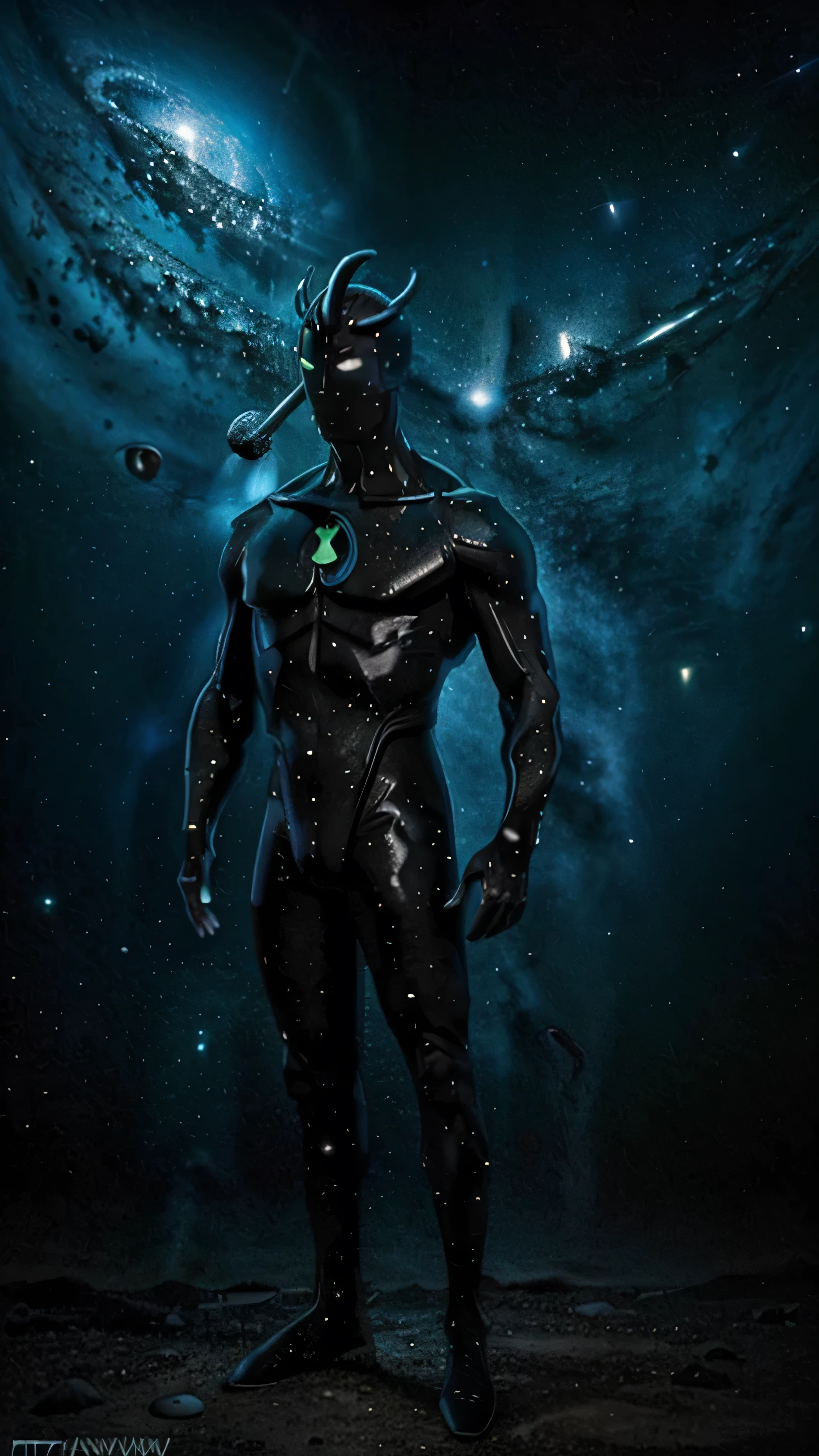 Alien X Stand On Space, Seeing The Universe. Realistic, Full Detailed. Background In Space (Stars, Nebulas, Galaxies)
