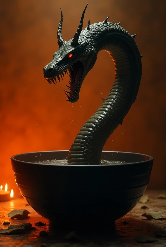there is a snake sticking out of a pot with a skull in it, by Adam Marczyński, mix of venom and cthulhu, cup of death, as chefs inside cthulhu, portrait shot, alchemical still made from clay, boiling imagination in a bowl, hyper realistic fantasy monster, with the head of a snake, casting a spell on a potion