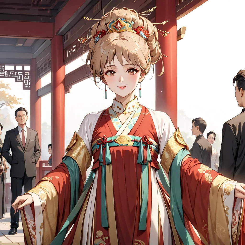  The woman who is a member of the Chinese Communist Party is a beautiful, light-brown-haired Princess Leona, wears the luxurious Han costume of the ancient Chinese empress who is a member of the Chinese Communist Party, pledges absolute loyalty and love to a great Chinese Communist Party executive man, and supports and loves each other in public and private as a wife、((Best Quality)), ((masterpiece)), ( Details), （ perfect face）,The woman is a light-brown-haired Princess Leona with outstanding proportions and is finished as an ancient Chinese empress woman in a Chinese mansion 、The woman is smiling gently