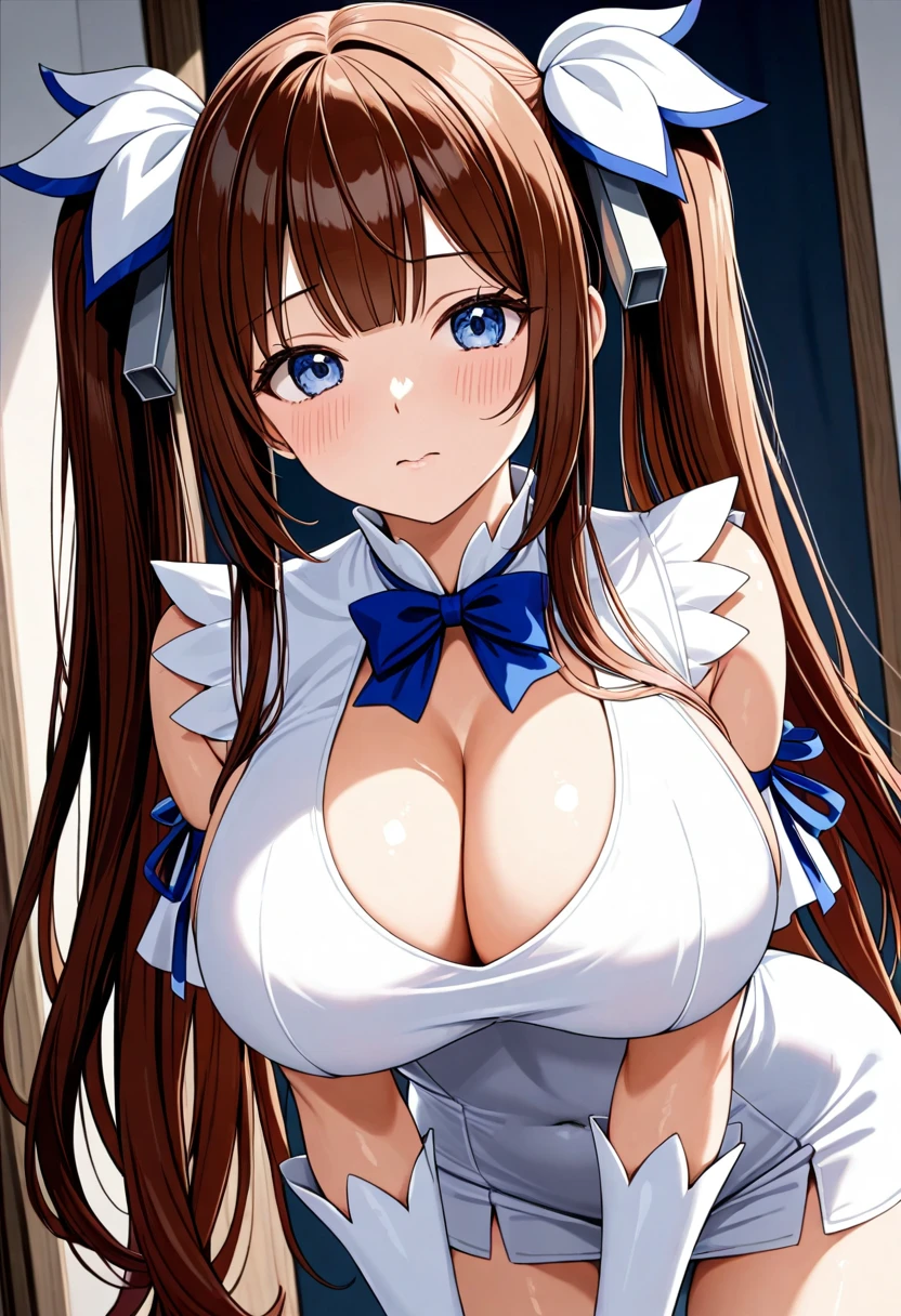 masterpiece, best quality, good quality, 1girl, solo, KanzakiAoi , KanzakiAoi, KanzakiAoi, KanzakiAoi, KanzakiAoi, long hair, brown hair, blue eyes, large breasts, hair ribbon, hestia costume,