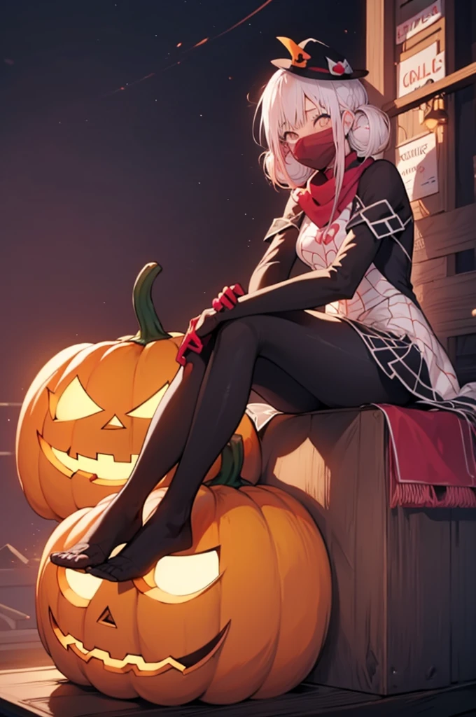 (masterpiece, Best Quality:1.2), Alone,  1 girl, Cindy Moon ,  , Sit-in,  mouth mask,  short hair, bodysuit,  spider webprint，1girl, Alone, short hair, double bun, pink hair, brown eyes，1girl,halloween costume,bat,Glowing Pumpkin,long hair, white hair, yellow eyes, Witch Hat