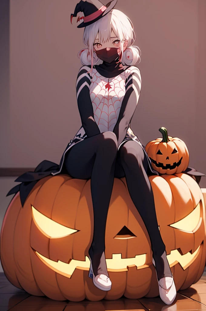 (masterpiece, Best Quality:1.2), Alone,  1 girl, Cindy Moon ,  , Sit-in,  mouth mask,  short hair, bodysuit,  spider webprint，1girl, Alone, short hair, double bun, pink hair, brown eyes，1girl,halloween costume,bat,Glowing Pumpkin,long hair, white hair, yellow eyes, Witch Hat