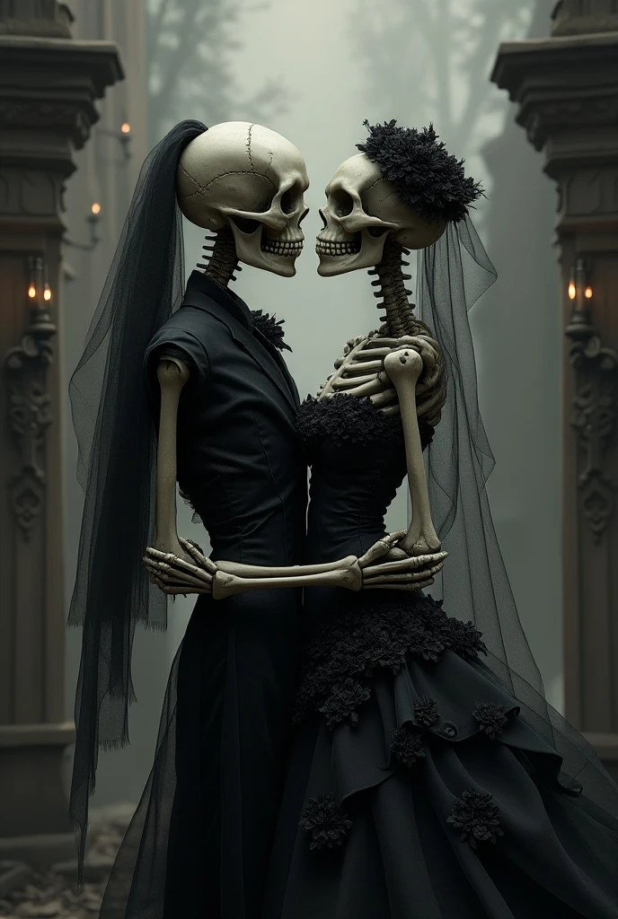 (masterpiece,best quality:1.5), ultra realistic,32k,extremely detailed CG unity 8k wallpaper, detailed background, skull, spider, spider web, mysterious lighting, mystic atmosphere, (gloomy), horror \(theme\), blood,
(a girl and a boy:1.8), looking at another,
BREAK
1girl, ((skeleton, skull)), skullgirls, white wedding dress, white flowers on hair, holding flower,
BREAK
1boy, ((skeleton, skull)), skullboys, black vest, flower vest ornament, necktie,