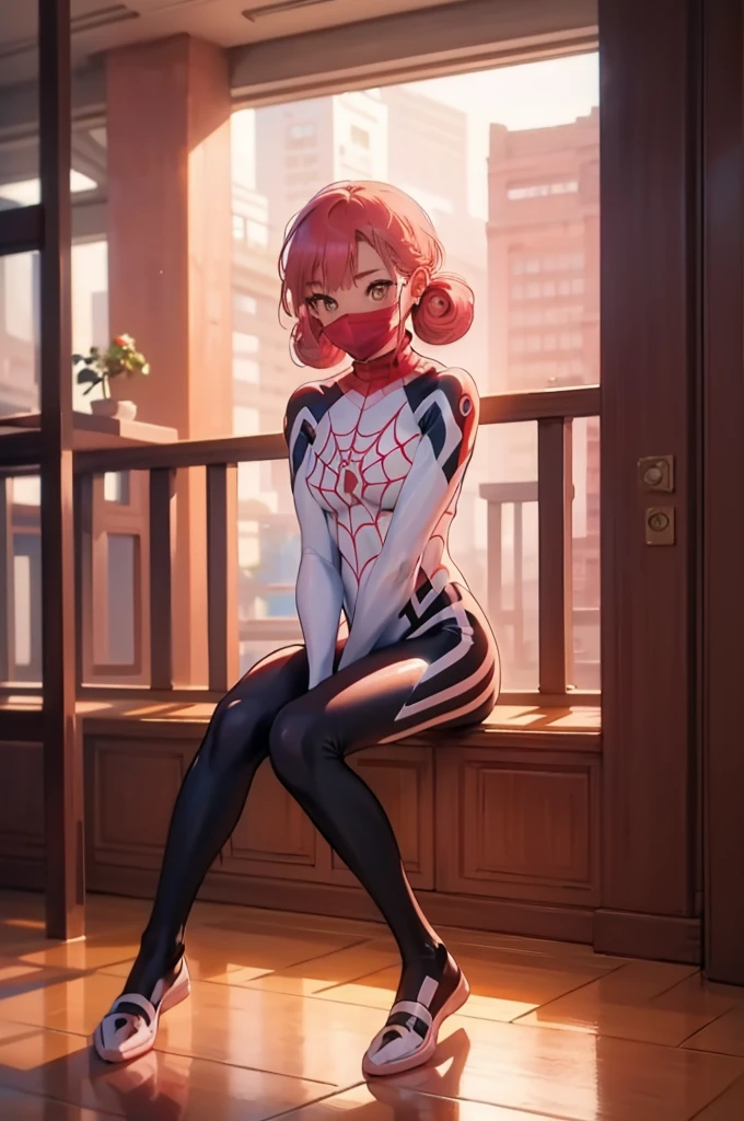 ((full body)),(masterpiece, Best Quality:1.2), Alone,  1 girl, Cindy Moon ,  , Sit-in,  mouth mask,  short hair, bodysuit,  spider webprint，1girl, Alone, short hair, double bun, pink hair, brown eyes