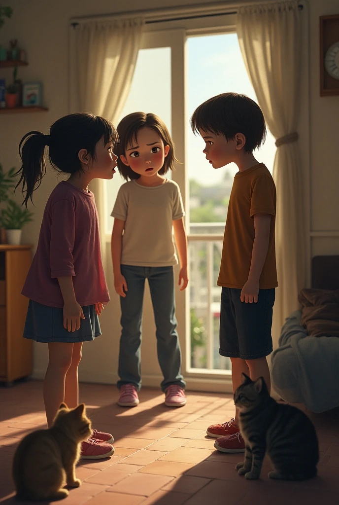 A reflective Studio Ghibli scene focusing on the middle son standing calmly between his two sisters, half-hidden in the shadows. Her expression is calm but filled with a sense of invisibility as she tries to avoid conflict and go unnoticed. The two sisters, Clara and Sofia, are in the foreground, with a subtle tension between them. The lighting emphasizes the middle child's role as a silent observer, caught in the middle of the rivalry, a soft shadow on the family dynamic.