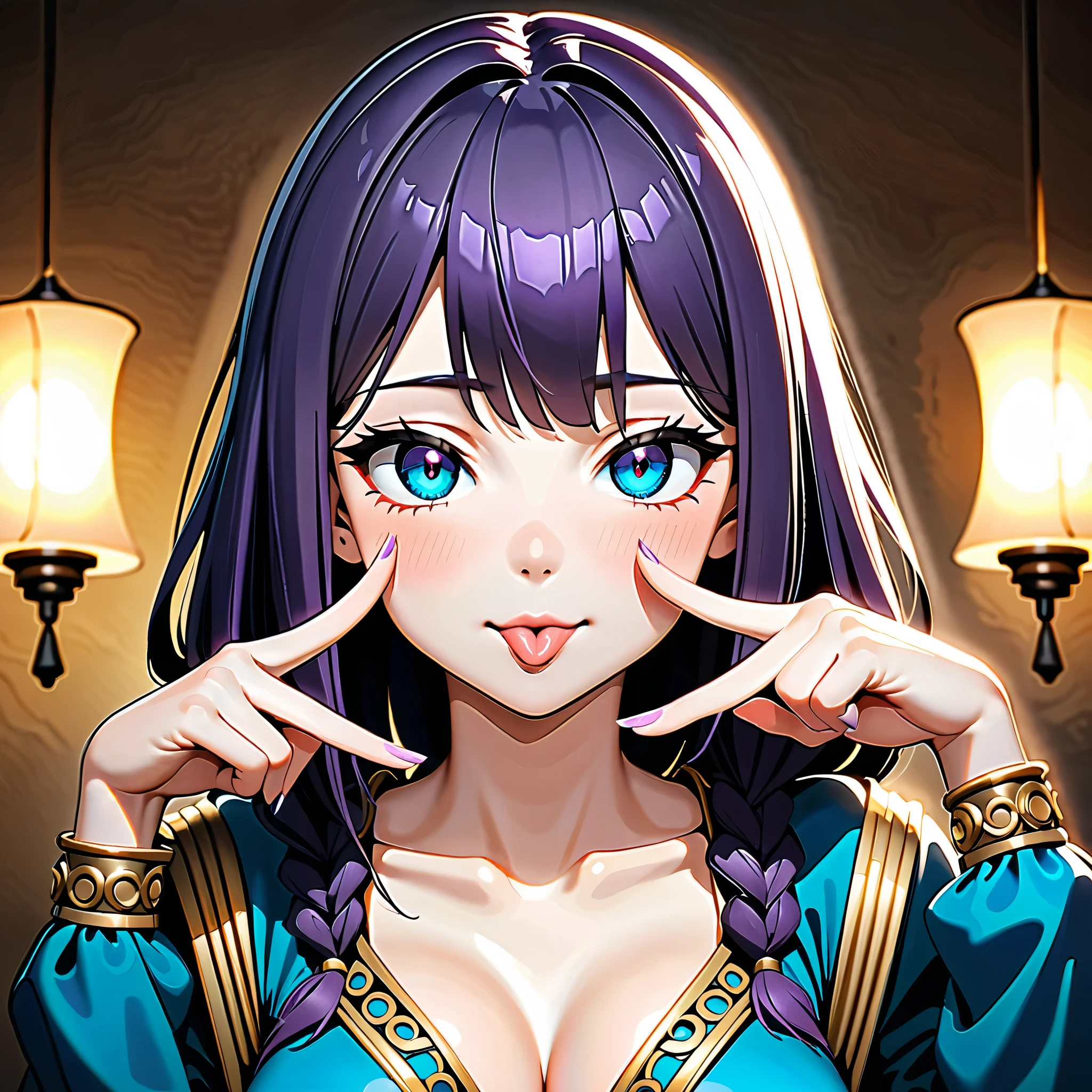 Masterpiece, 4K, HDR, full HD, (best quality), (ultra detailed), (only), intricate ANIME TYPE, best quality, 1girl, ((deep purple hair)) , hyper beautiful face, purple hair, perfect anatomy, shiny skin, full body, alone, long hair, looking at viewer, perfect hands, perfect legs, super detailed clothes, intricate clothes, hyper detailed cloths, super detailed face, super detailed skin, super detailed quality, expressive eyes, blue eyes, super detailed eyes, JK, epngekatsuragimisato ,  SDXL Illustration Design Pretty Girl Two-dimensional Pretty Girl Digital Painting Comic Ukiyo-e Watercolor Manga Other,ROUGH, smile, blushing, dynamic pose, American shot, cowboy shot, portrait quality, super detailed hands, super detailed fingers, very beautiful fingers, very beautiful hands, The image created is 3/4 of the body, bright blue lipstick, standing facing the viewer, stylized fingers, detailed female fingers, standing in front of the viewer, leaning towards the viewer in a sensual way, V-neckline, tongue out,, ElsaXPLcleavage, blue dress, single braid over shoulder,