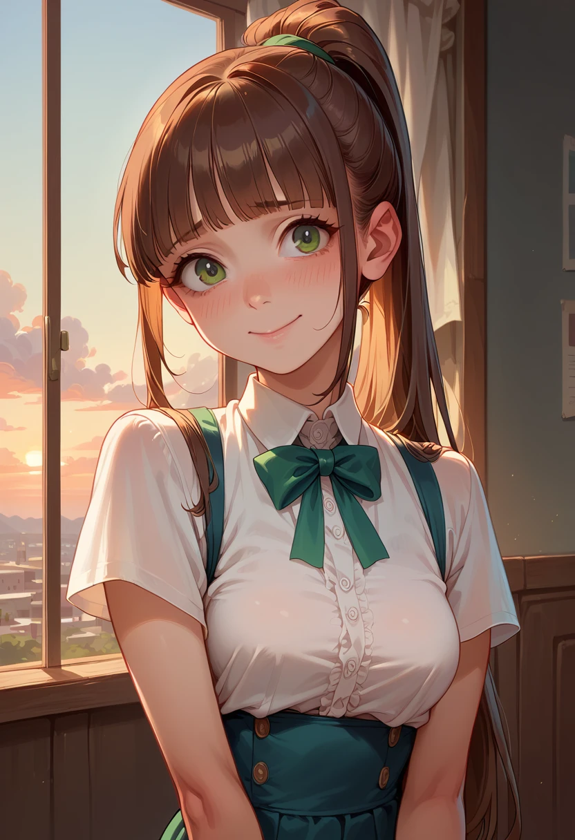 
A loli teen girl watching the sunrise wearing formal uniform clothes, green eyes, long hair with a fringe in a ponytail, detailed nervous face, smile, shy girl, normal breasts, detailed beautiful body, thin body,