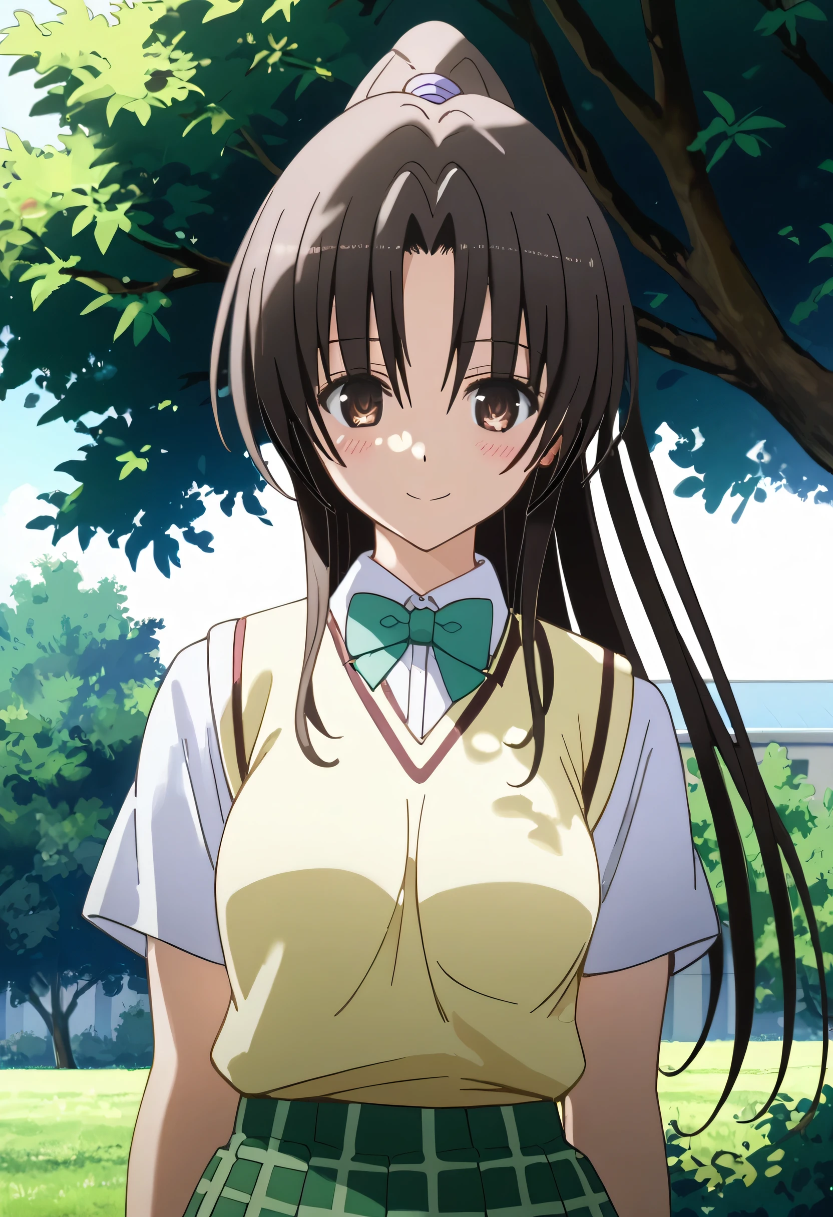 score_9,score_8_up,score_7_up, BREAK official art,solo,outdoors,upper body,(portrait:1.5),looking at viewer,facing viewer,smile,blush,Kujo Rin,long hair,black hair,high ponytail,hair between eyes,parted bangs,brown eyes,school uniform,sweater vest,yellow vest,white shirt,collared shirt,green bowtie,short sleeves,medium breasts,miniskirt,green skirt,plaid skirt,pleated skirt,black socks,loafers