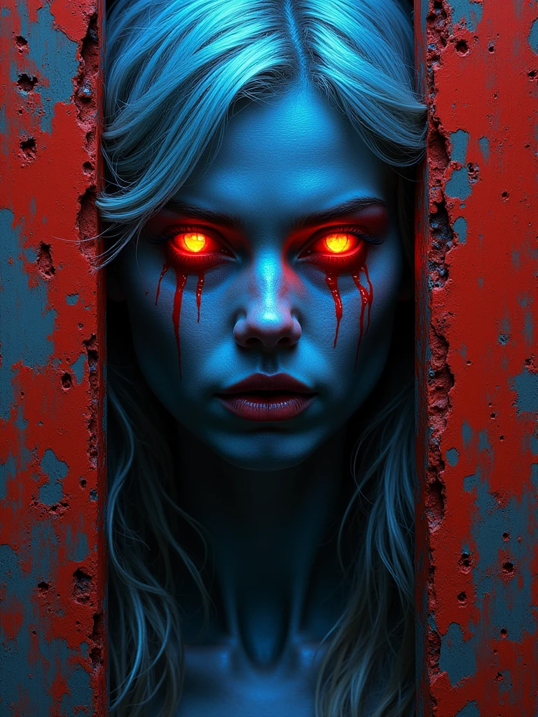 Full body a beautiful realistic blondie woman posing next to a big surrealistic human eye with red light,looking at viewer, abstract 3d background,Digital art
