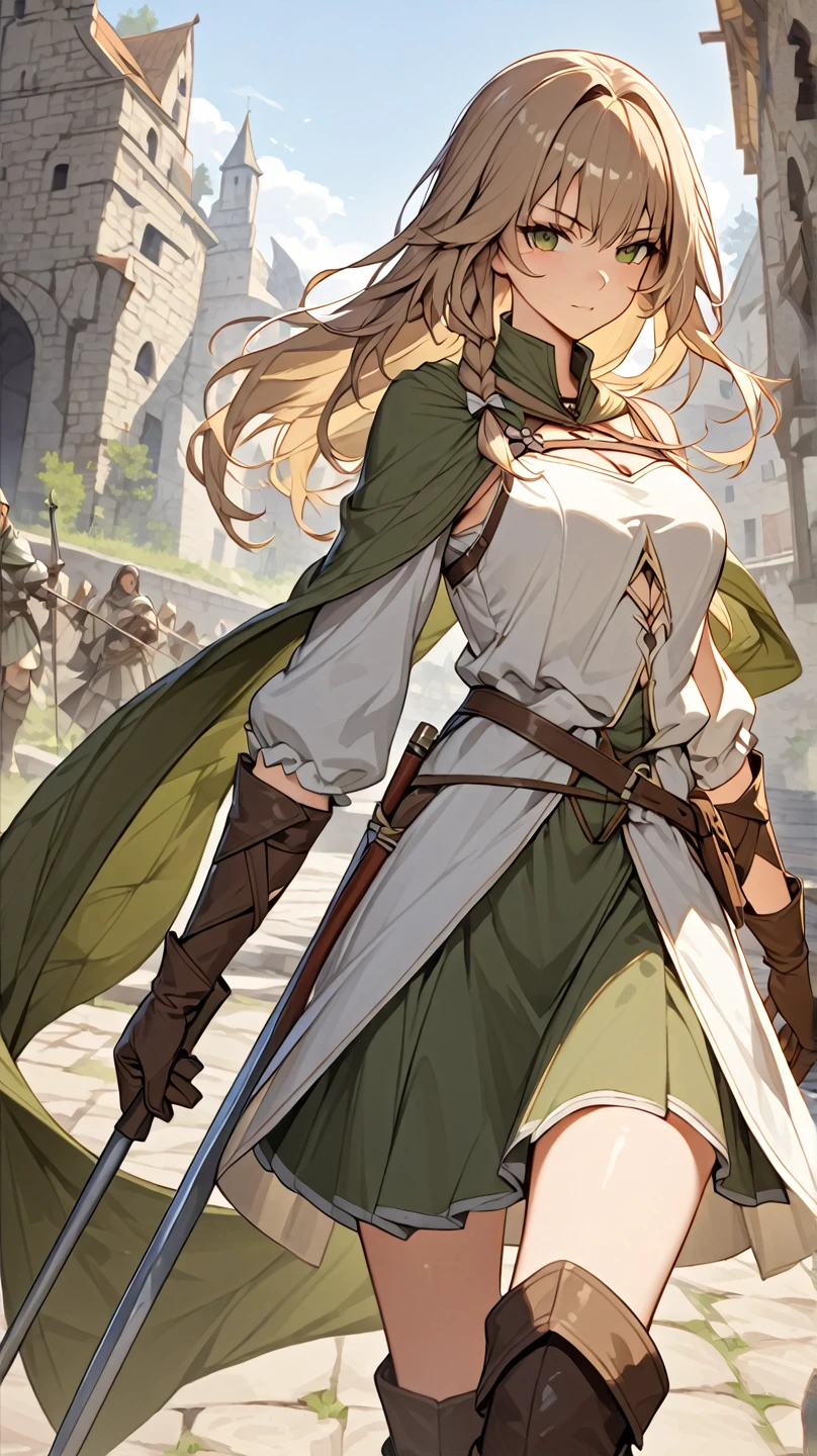 Huntress girl light brown hair, wearing an olive green asymmetrical medieval-style skirt, brown knee-high boots, and a white blouse has a short olive-green shawl with intricate details in the fabric. brown gloves and a bow, ready for battle. clothing and boots have detailed textures for high-definition representation.


