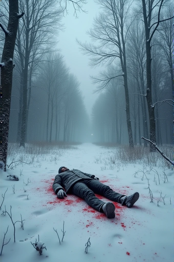 peasant brutally killed by axe blow, axe on the shoulder, cold and snowy forest, bloodstains
