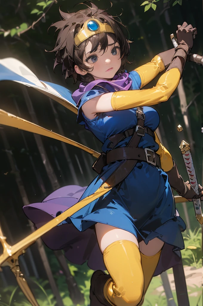 (((Best Quality: 1.4))),(An exceptional masterpiece), ( Ultra High Definition),(Ultra-realistic 8K CG),Official Art, ( have a weapon in a scabbard on their back:1.2), internal (dq3),  1 girl, Alone,  short hair, Brown Hair,  blue eyes,  circlet,  big breasts at the temple,  clevis,  Strapless ,  blue dress, Purple Cape, thighhigh  boots,   elbow gloves that appear briskly,  boots, belt, scabbard,, knee  boots,  in the dark forest ,