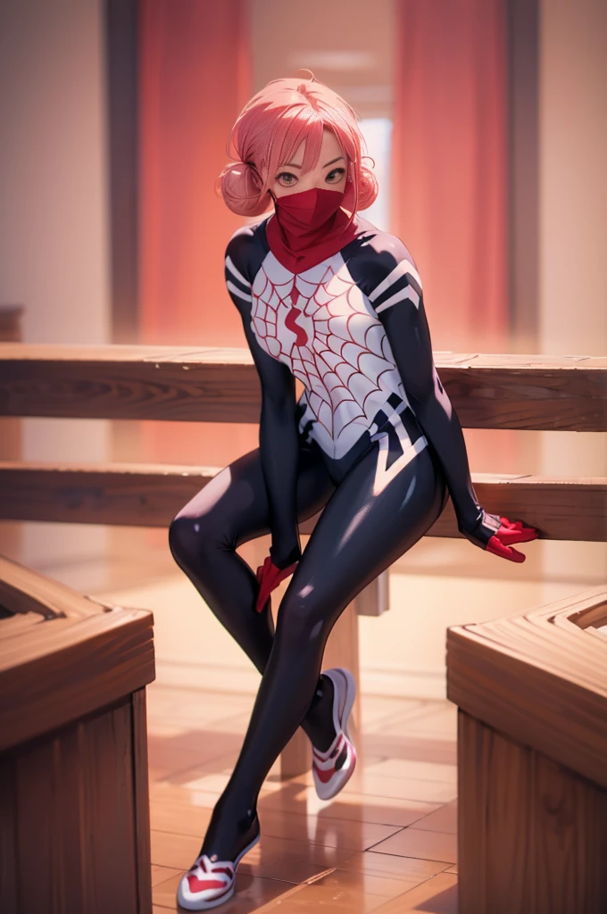 ((full body)),(masterpiece, Best Quality:1.2), Alone,  1 girl, Cindy Moon ,  , Sit-in,  mouth mask,  short hair, bodysuit,  spider webprint，1girl, Alone, short hair, double bun, pink hair, brown eyes