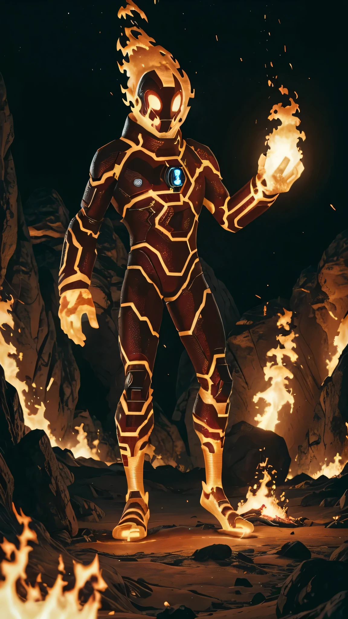 A highly detailed full body of an alien being on his home planet, surrounded by fire and lava planet, a device glowing on his chest, ultra-detailed, 8k, realistic, hyper-realistic, masterpiece, cinematic lighting, volumetric fog, intricate detailed 