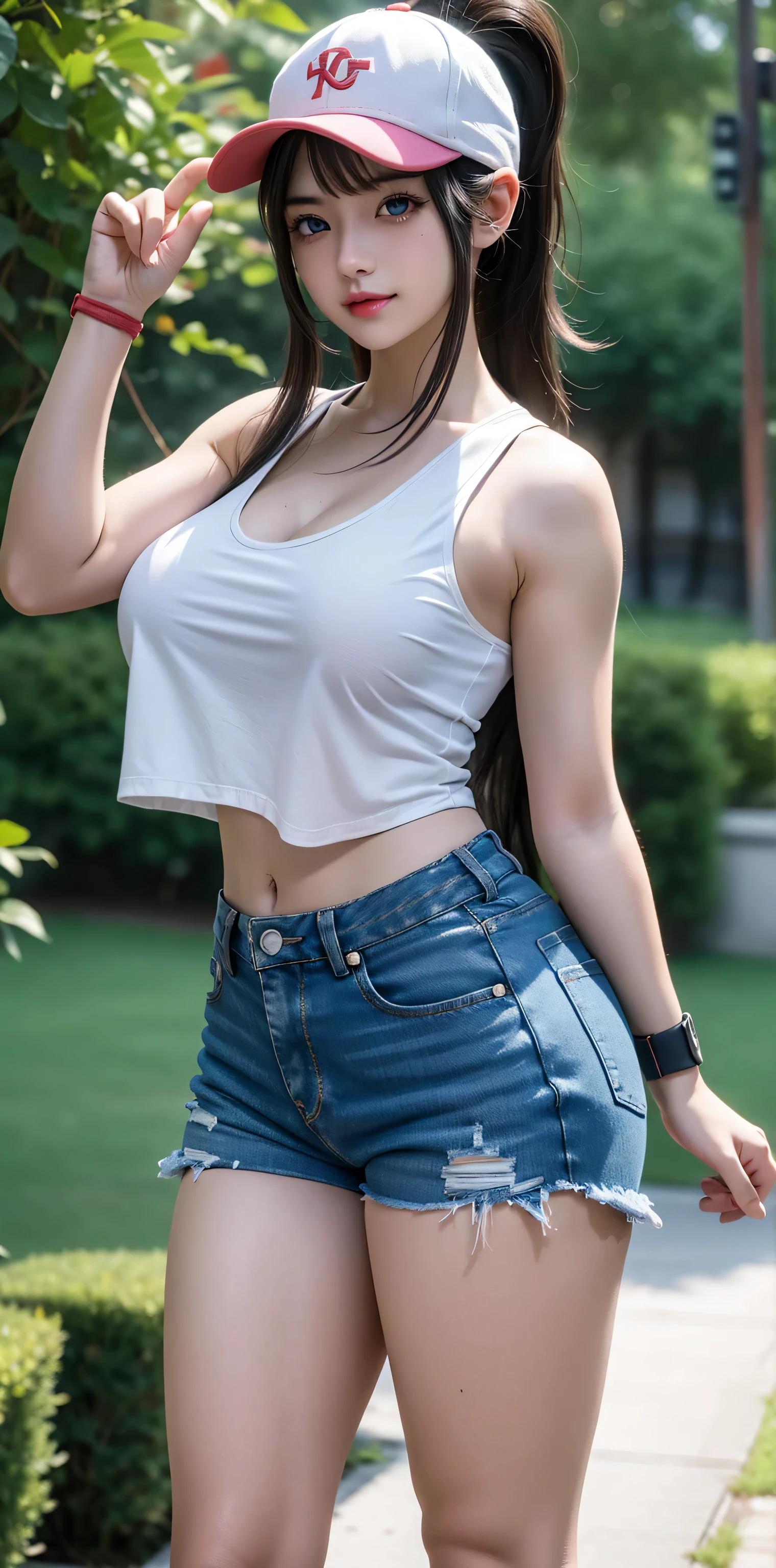 Perfect CG unity 8K UHD wallpaper(american girl, huge breasts, hilda pokemon, white baseball cap, high ponytail, long hair, vibrant glowing blue eyes, long detailed eyelashes) smiling sexy seductive facial expression, blushing, thick thighs, standing in a dynamic pose, perfect masterpiece, best quality, best resolution, denim shorts, denim, booty shorts, micro short, vest, wristband, sleeveless, white croptop, black vest, sleeveless shirt, collarbone, bursting breasts, outdoors, city park, cleavage