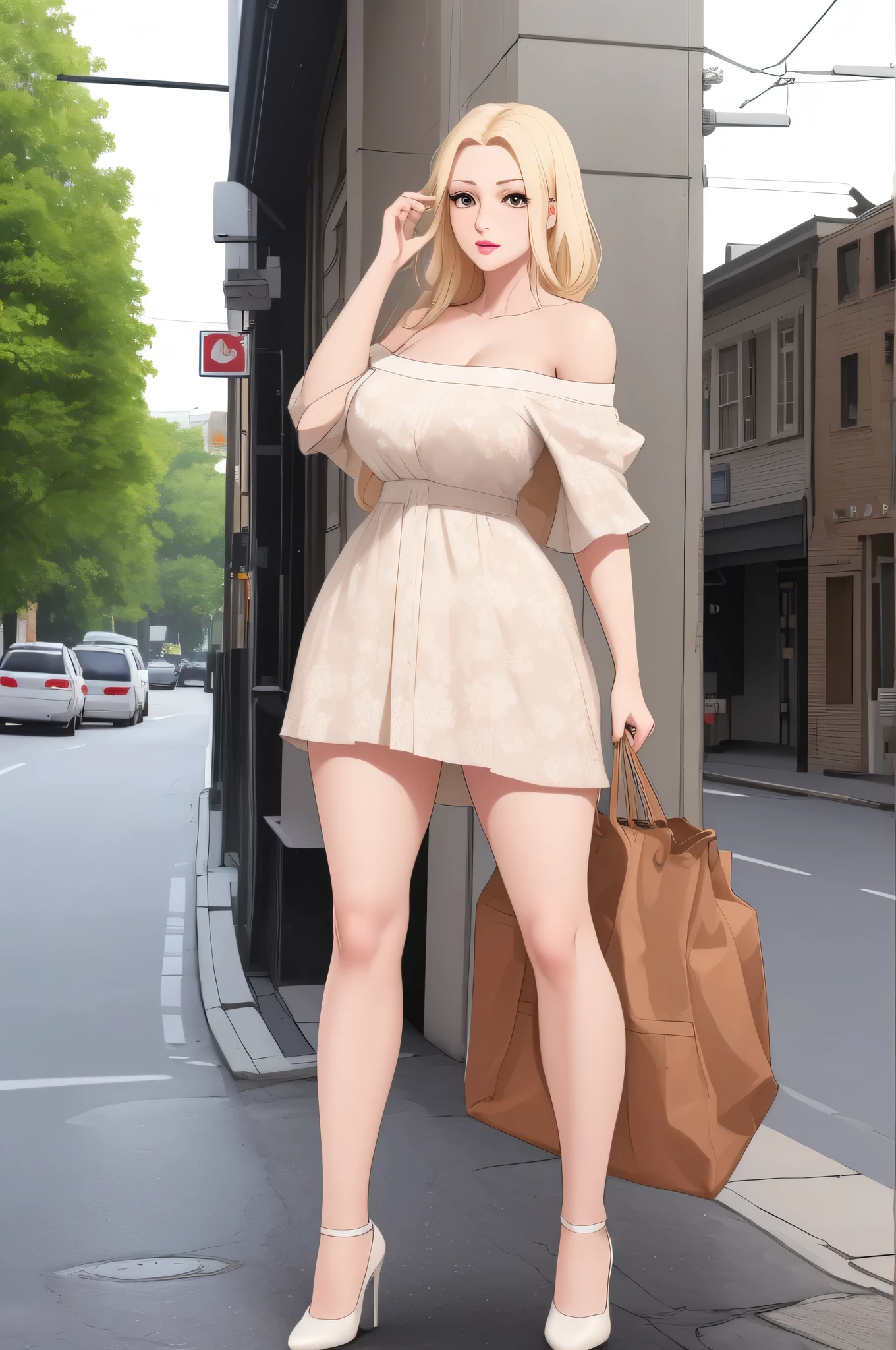 An sexy thin woman with an extremely beautiful cute face, light blonde long hair, extremely white fair skin, big brown eyes, wearing a long sleeveless white floral dress with V neckline, a brown cardigan worn in an off-shoulder style and white heels, standing straight, plain expression, street in background, show full body.