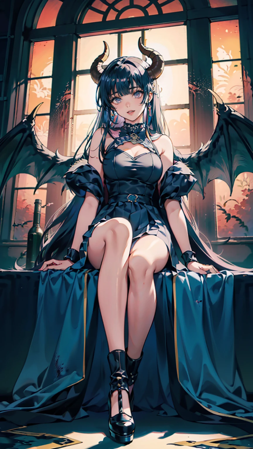 , Perfect Eyes, Soft light, High image quality, 4K resolution, masterpiece:  fine skin,  Attention to Details, 最 High image quality, Awards,  very detailed, High image quality, devil's queen、Horned goat,  Gothic Dress, Living in the depths of hell, Lava flow,  blue long hair ,  blue eyes, RED HIGH HEELS,  navy blue dress 、Shadow Face　、 has a weapon、 Staring at the audience with a look of fear、beautifulgirl、very cute angel、 Pink Gothic Fashion 、cute、baby face、smile、 long skirt 、 black long boots 、.(最 High image quality,4K, high definition,masterpiece:1.2), very detailed,Realistic:1.37, Spooky altar background ,Dark fantasy,Red Scheme ,Ominous atmosphere,Eye-catching,Dissecting the story, anime style , The Artwork is a Masterpiece ,beautiful Attention to Details顔と (((red eyes ))),A terrifying ritual ,devil's ritual,Premature death,Inappropriate behavior,crazy smile,Scythe Face,Girl Monster, beautiful delicate features, SharpEye,  sharp fangs, Pale skin,  Dark Background Cinema Lighting ,  Dramatic Shadows ,  gothic style ,  Eerie Atmosphere , Dark fantasy, 1 person&#39;S,  open your mouth wide,  open your mouth to bare your teeth, Beastly Sharp Teeth , Wide lips, Very big mouth, Red cheeks, ,( Blood Splatter :1.4),Scary smile, smile, angel design , TwiSted smile、Bloody、Head bleeding,,,,,、 Blood Splatter 、,( Blood Splatter :1.4),skull,devil&#39;gun,Horror Style, (( Fantasy Sweet Taffle Ruffle Pink Costume)), ((Flowing blonde hair)), ,( Blood Splatter :1.4),Female Curves,  sexy flat stomach , Perfect hands,  Flawless Anime Character Faces , (Pink Tata Dress)),  is standing, ((Evil smile)), ,( Blood Splatter :1.4), Steam circulation, Moonlight Irradiation ,  Night Lighting , ( Blood Splatter :1.6),Anime  angel design , TwiSted smile、Bloody、Head bleeding,,,,,、 Blood Splatter 、,( Blood Splatter :1.4), skull, Gothic architecture 、Western architecture、  fantasy world  、,Victorian city, Skeleton Gas Light, absurd,  high definition、 (( table top)), ((最 High image quality)), ( very detailedな), (( very detailed)), (beautiful), ((cute)), (NFSW:1.8), 1 personで,(:1.6)、(wo
