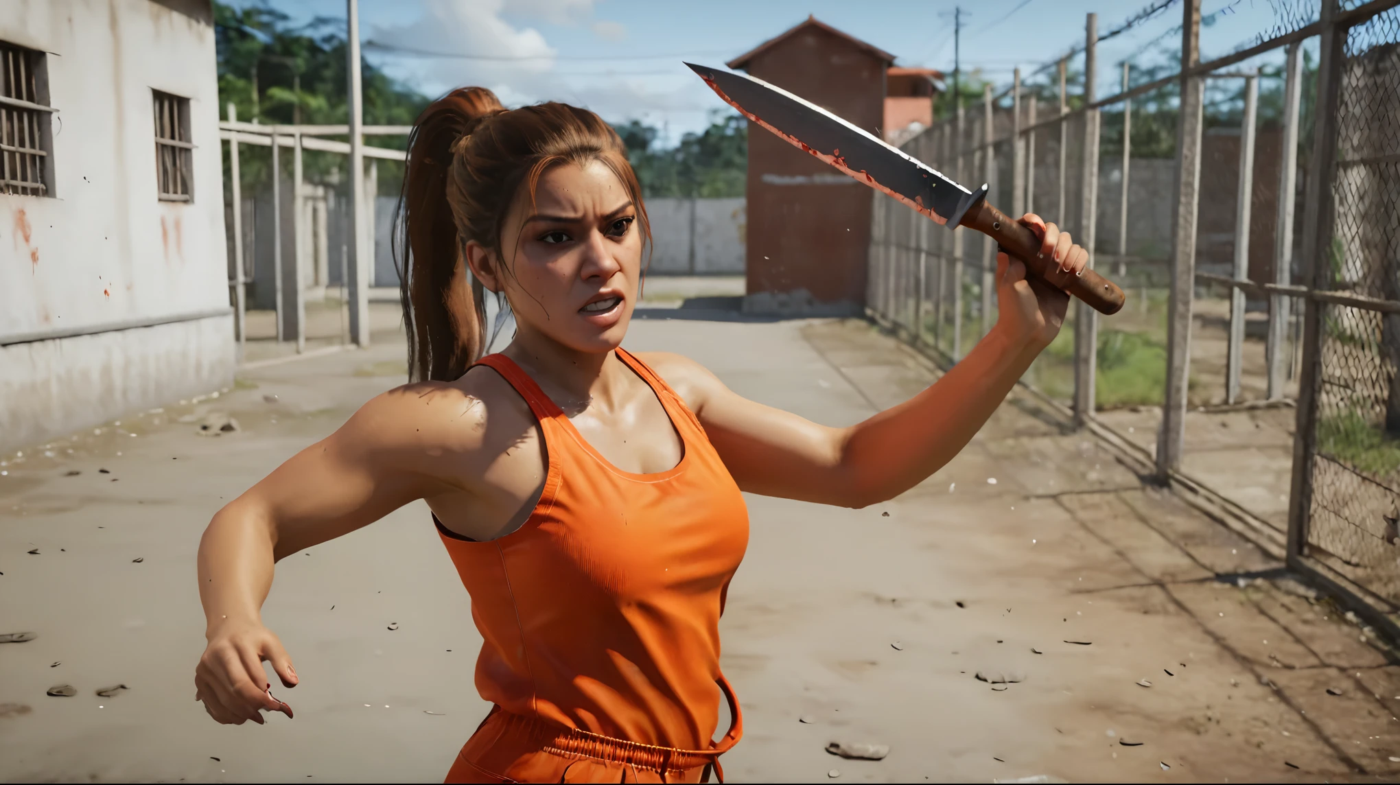 luciagta62024, an angry woman wearing an orange jumpsuit in a prison exercise yard, holding a shank, knife, covered in blood,  prison uniform, brown hair, ponytail,  8k, uhd, best quality, trending on arstation, photorealistic, masterpiece, raw image, skin pores, detailed skin, 5 fingers, mole, Latina, dramatic lighting, looking at viewer, vibrant color, long ponytail,  luciagta6sdxl,