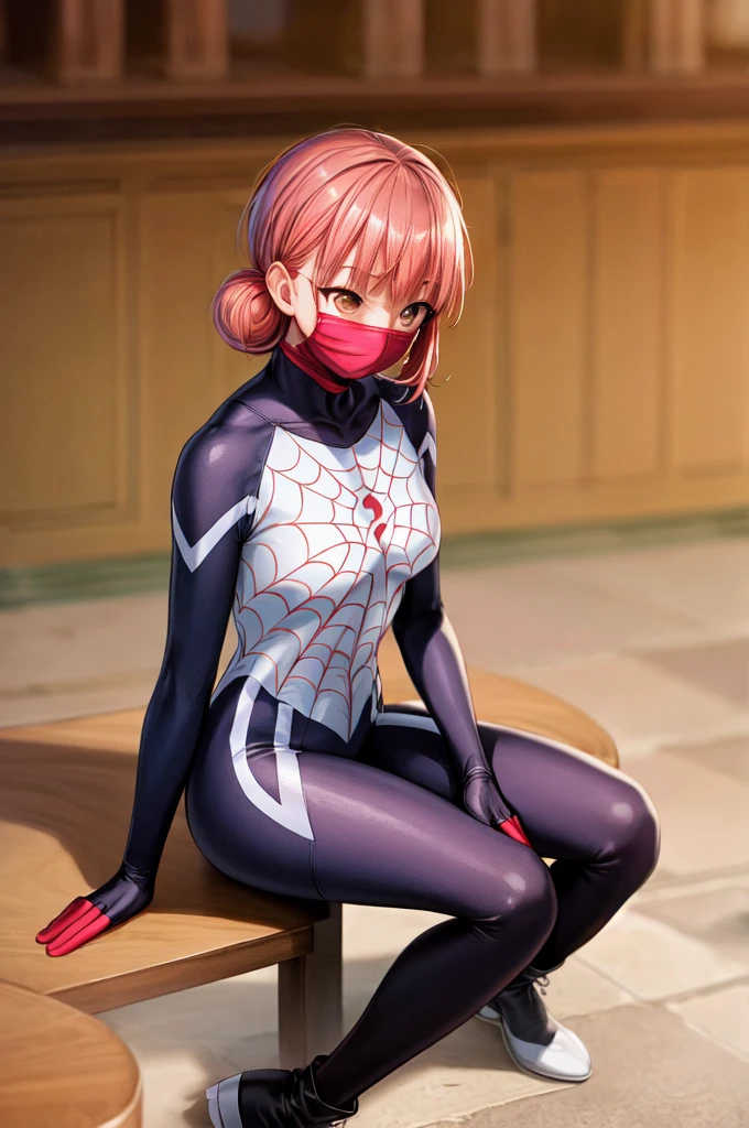 (masterpiece, Best Quality:1.2), Alone,  1 girl, Cindy Moon ,  , Sit-in,  mouth mask,  short hair, bodysuit,  spider webprint，1girl, Alone, short hair, double bun, pink hair, brown eyes, boots