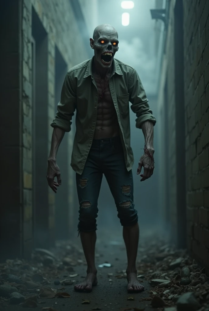 Make a human, white male,skinny, thug, with a disproportionate body with a big mouth and a smile missing teeth and a burning background with the phrase “hi there, a beautiful forest”, you make fire, he he left me alone