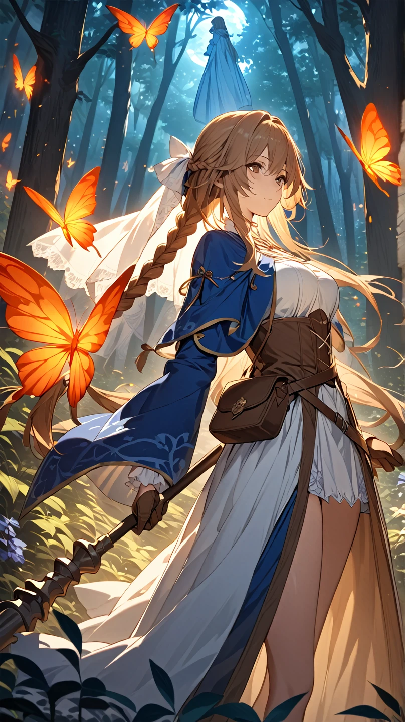 A stunning HD (High Definition) illustration of a brown-haired mage anime girl with long hair, with a braid on one side. She has brown eyes and wears a blue mage's veil on her head. She is dressed in a long-sleeve white medieval-style shirt, brown pants, and tall brown boots. She holds a mage's staff with a crystal at the tip, wearing brown gloves, and has a crossbody bag slung across her waist. The mage girl is in a forest, surrounded by ethereal, glowing red spiritual creatures shaped like butterflies, but translucent and ghostly. The atmosphere is mystical and the lighting is low, with the faint red glow of the creatures providing the only source of light. The forest background is detailed with shadows and faint moonlight. The girl’s expression is serious, and her medieval attire is finely detailed. The image should be in anime art style similar to Violet Evergarden, with smooth, polished visuals, highly detailed clothing, and well-proportioned features. The entire scene is in HD, with vibrant colors and realistic textures, creating a cinematic feel.

