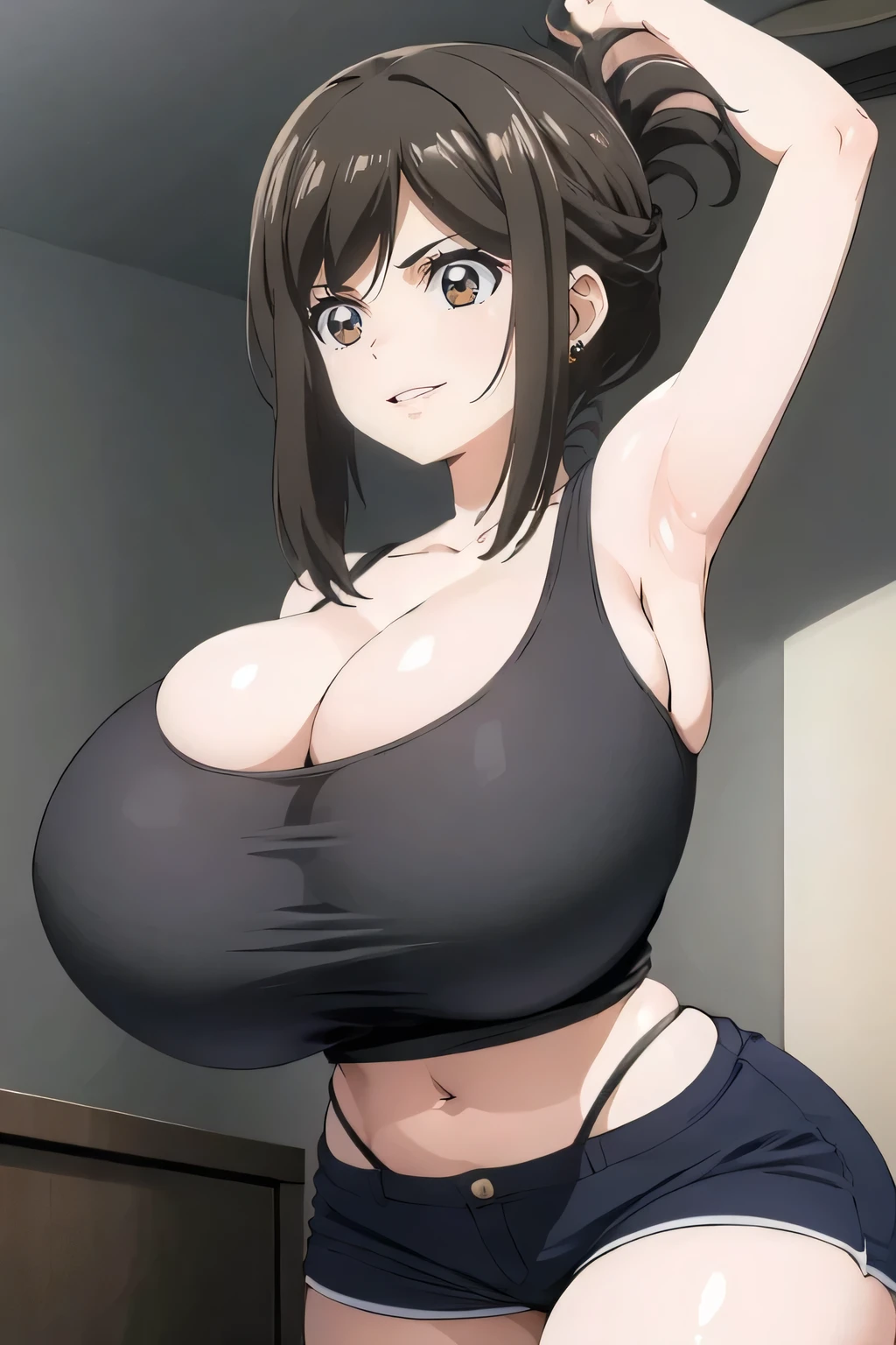 ((best quality)),((highly detailed)),masterpiece,absurdres,detailed face,beautiful face,(detailed eyes, deep eyes),1girl ,Kana, brown hair, Shorts, black shorts ,short shorts, highleg,brown eyes, breasts, indoors, solo focus ,sidelocks, bangs, v-shaped eyebrows, folded ponytail, huge breasts,f cup, standing, perky breasts, Cleavage,short hair,long hair,collarbone, cleavage, Navel ponytail,Kana, black tank tops,tight,Thick tight,teenage,hair up,Tighttops,tank top,kojima kana,panty_straps,curvy,hugeass,tighttops,kojima kana, brown hair, brown eyes, folded ponytail, large breasts,curvy body, perfect full round breasts,stud earrings ,evil smile , narrow waist ,(slender body:1.6), nice legs and hot body,full body