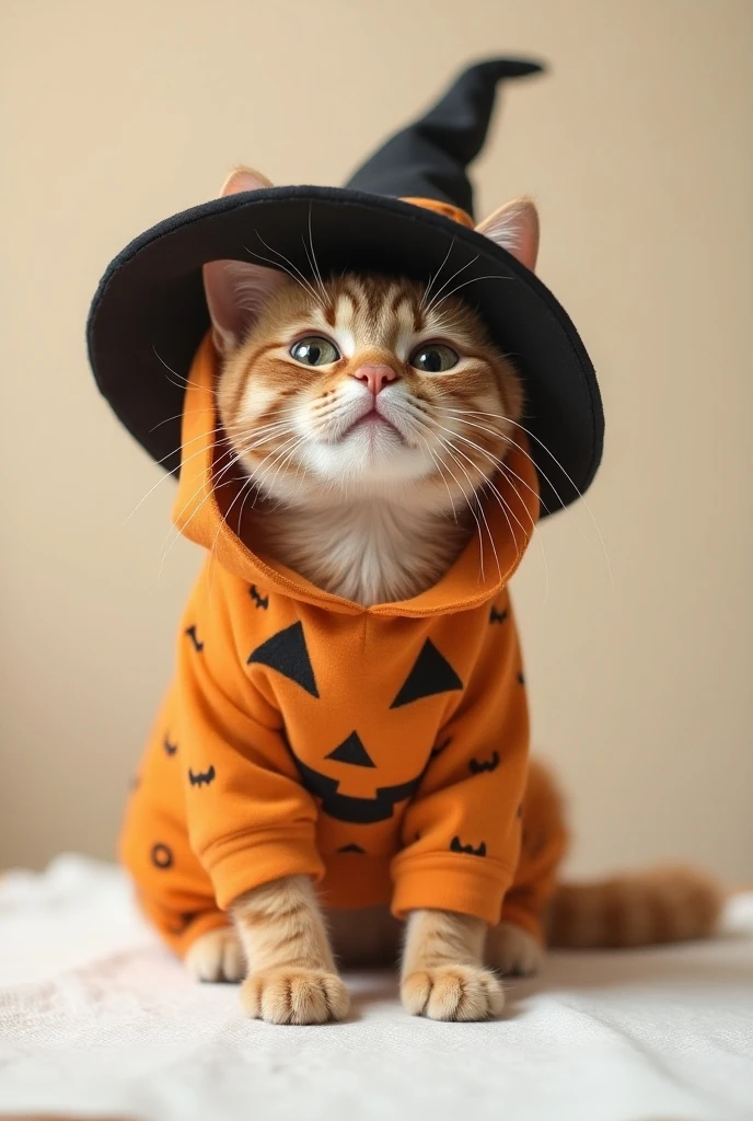 Attigrade cat wearing Halloween costume and sitting on a white paper towel 