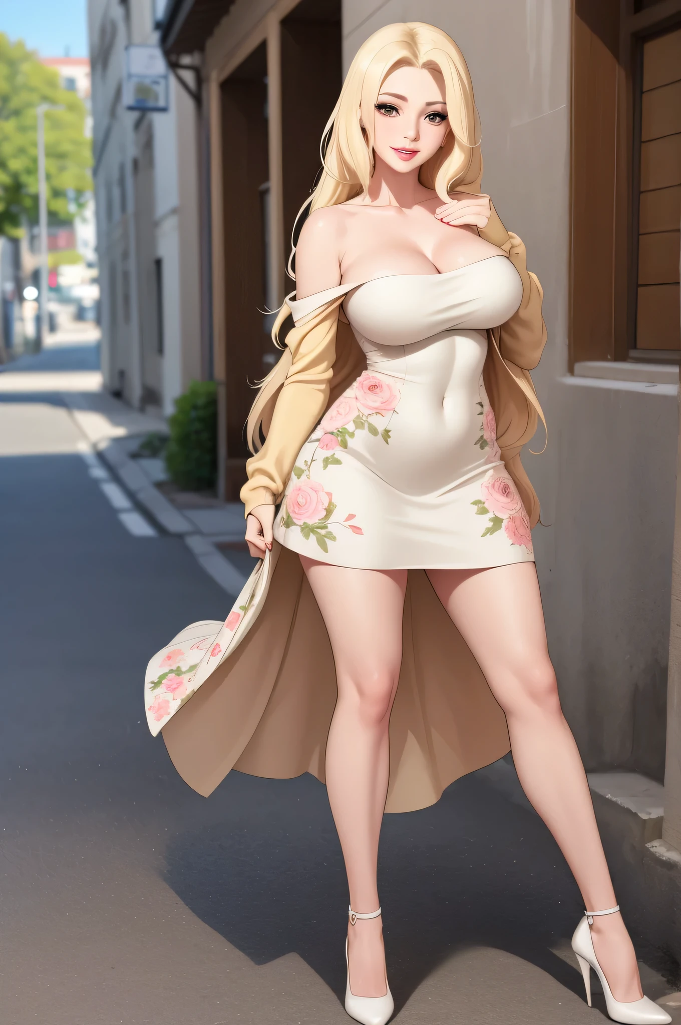 A sexy bust yet thin woman with an extremely beautiful cute face, light blonde long hair, extremely white fair skin, big brown eyes, wearing a long sleeveless white floral dress with V neckline, and a brown cardigan worn in an off-shoulder style with white heels, standing straight, cute smile, street in background, show full body.