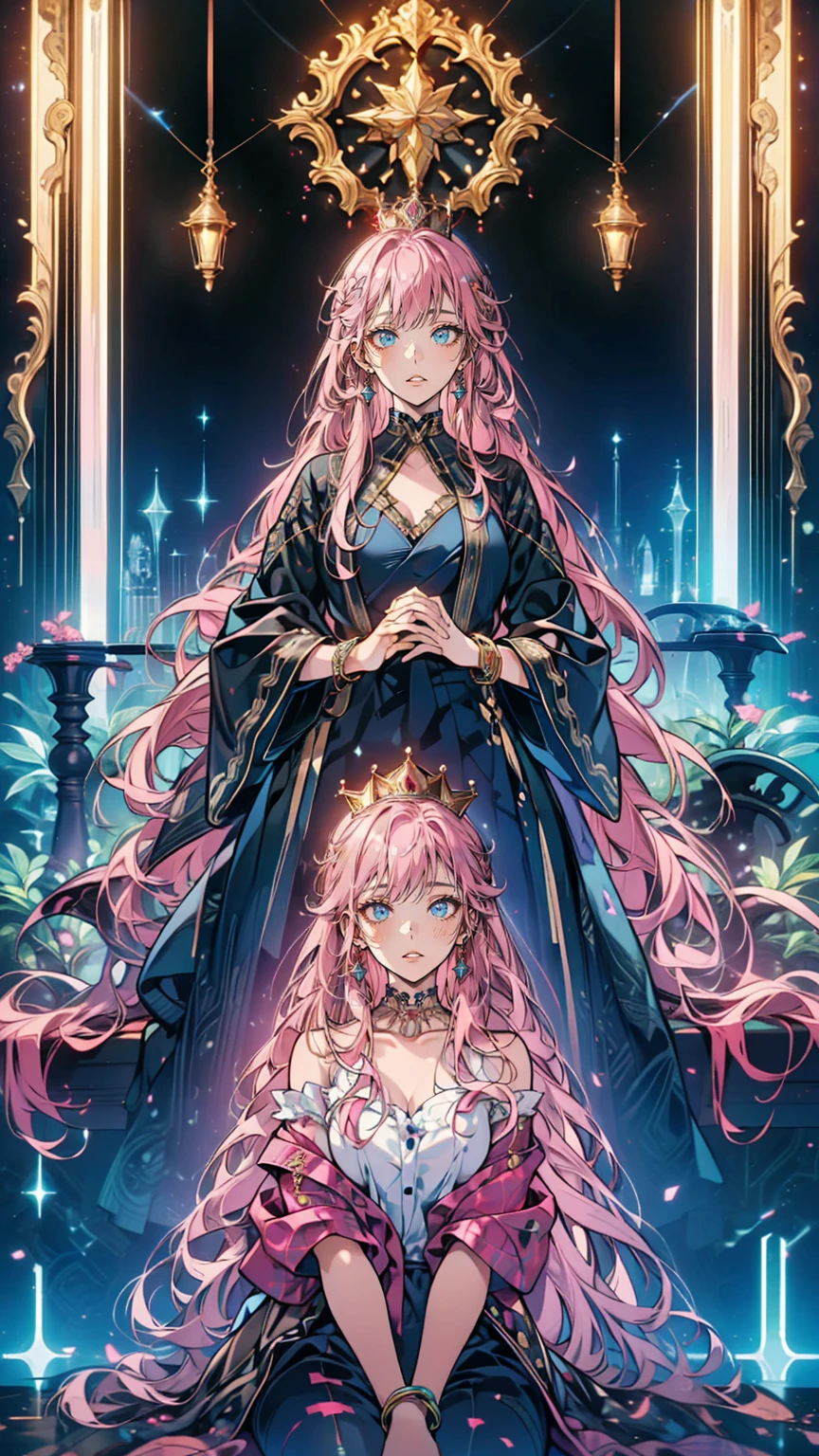 masterpiece, Best Quality, beautiful,  A princess who has grown up ,  Pink Hair,  Wear a loose dress in rich shades of dark pink and royal blue,   wearing a rich colored flowing robe 、 decorated with intricate patterns that hint at a connection with ancient magic , Reflection of her enigmatic nature, Smiling in secret ,  wearing a rich, flowing robe in rich colors , Magic Bracelet,  A wonderful crown ,  Works with Brilliant Textures , Purple pants ,