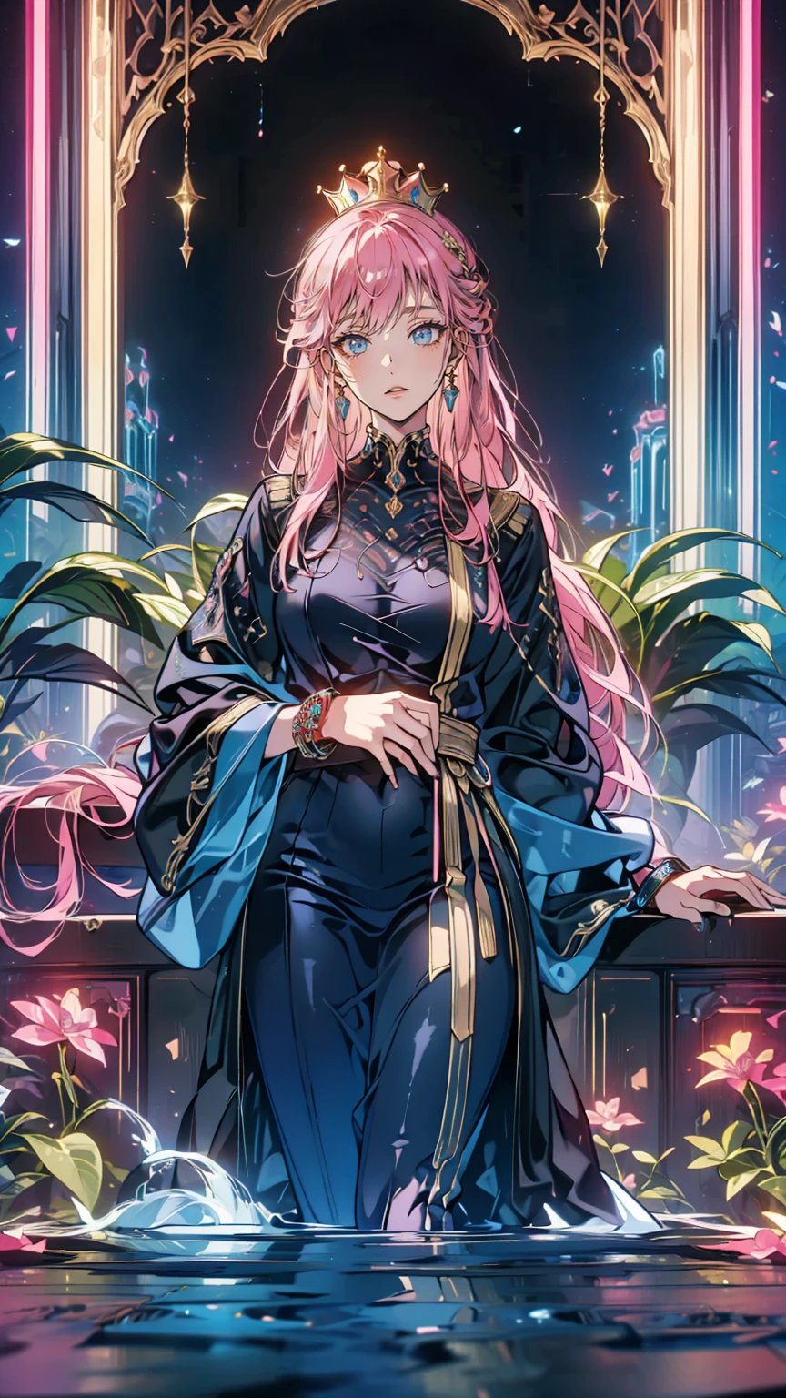 masterpiece, Best Quality, beautiful,  A princess who has grown up ,  Pink Hair,  Wear a loose dress in rich shades of dark pink and royal blue,   wearing a rich colored flowing robe 、 decorated with intricate patterns that hint at a connection with ancient magic , Reflection of her enigmatic nature, Smiling in secret ,  wearing a rich, flowing robe in rich colors , Magic Bracelet,  A wonderful crown ,  Works with Brilliant Textures , Purple pants ,