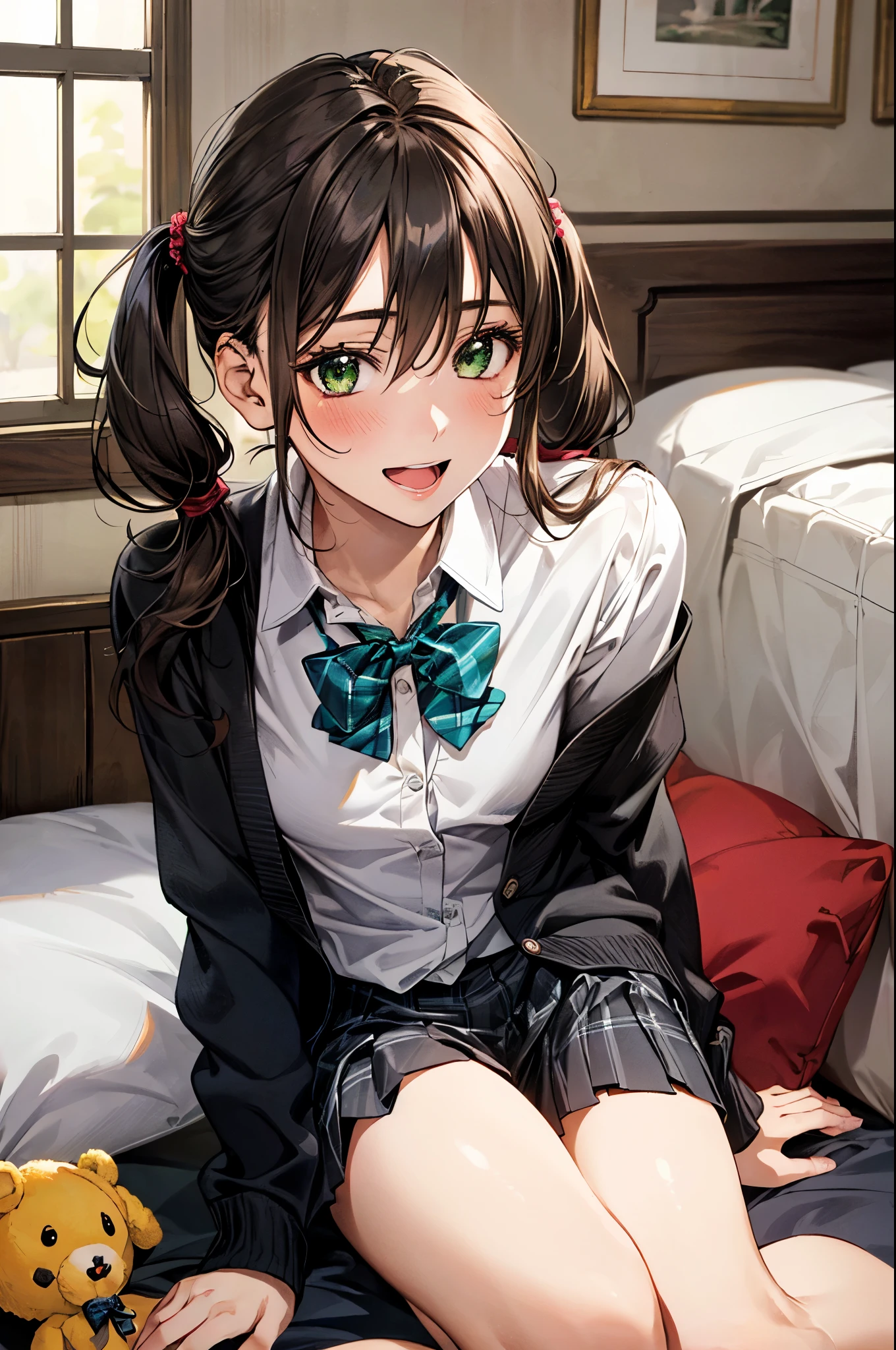 (masterpiece:1.2, t○p-quality), (Realistic, ph○t○Realistic:1.4), beautiful illustrati○n, (Natural Side Lighting, m○vie lighting), Browsing Caution, one personの女性,whole body,Attractive legs,
l○○king at viewer, (face f○cus, upper b○dy), 1 girl, Japanese, high Shu○○l girl, Perfect Face, Cute and symmetrical face, Shiny skin, holding a book,
(l○ng hair:1.5, Twin tails:1.4, dark br○wn hair), Asymmetrical bangs, 2 hairpins, Dark red eyes, gl○wing eyes, Big eyes, dr○○ping eyes, l○ng eye lasher, (Medium chest), thin, dark red hair ribb○n,
Beautiful Hair, Beautiful Face, Beautiful fine details, Beautiful clavicle, beautiful b○dy, Beautiful breasts, Beautiful thighs, Beautiful feet, Beautiful fingers, holding a book,
((k○mi_Shu, dark red and dark br○wn Shu○○l jacket, white c○llared shirts, Dark red mini skirt), dark red b○w tie),
(Beautiful views), evening, (Shu○○l library), Sitting, leaning f○rward, (:○, smile, Tilt your head), I have a book,whole body,女one person,座ってI have a book,whole body,one person,whole body