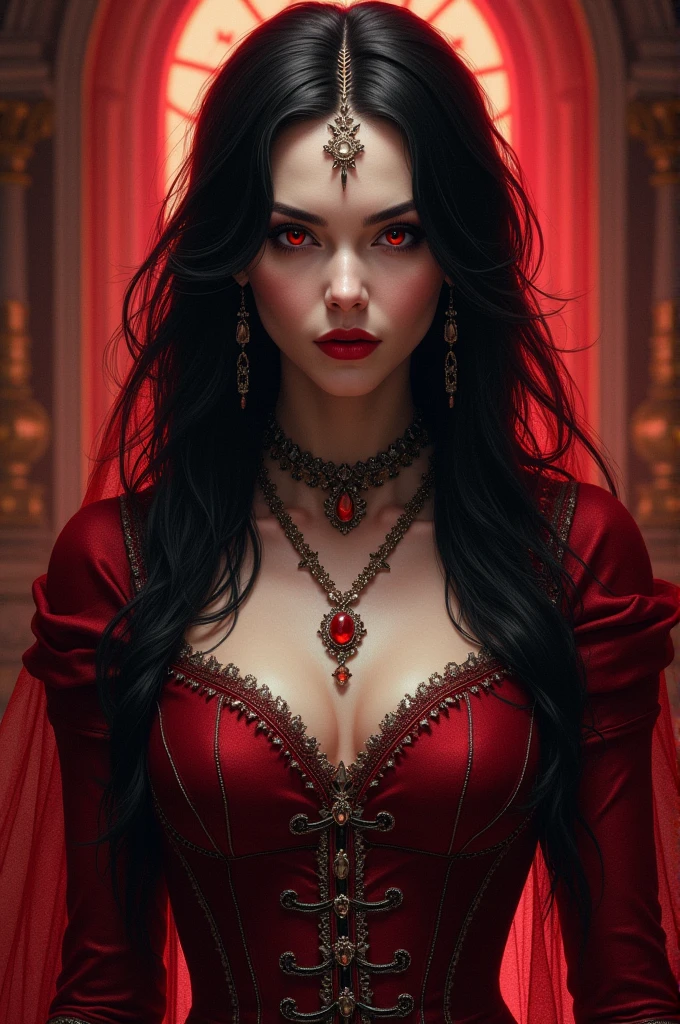 photo of a vampire queen, blood droplets, blood soaked hair, ruby tiara, lace dress, alluring, yellow eyes, dark shadows, intensity, insanity, 8k, high quality, intricate details, midriff exposed, glowing eyes, smirking