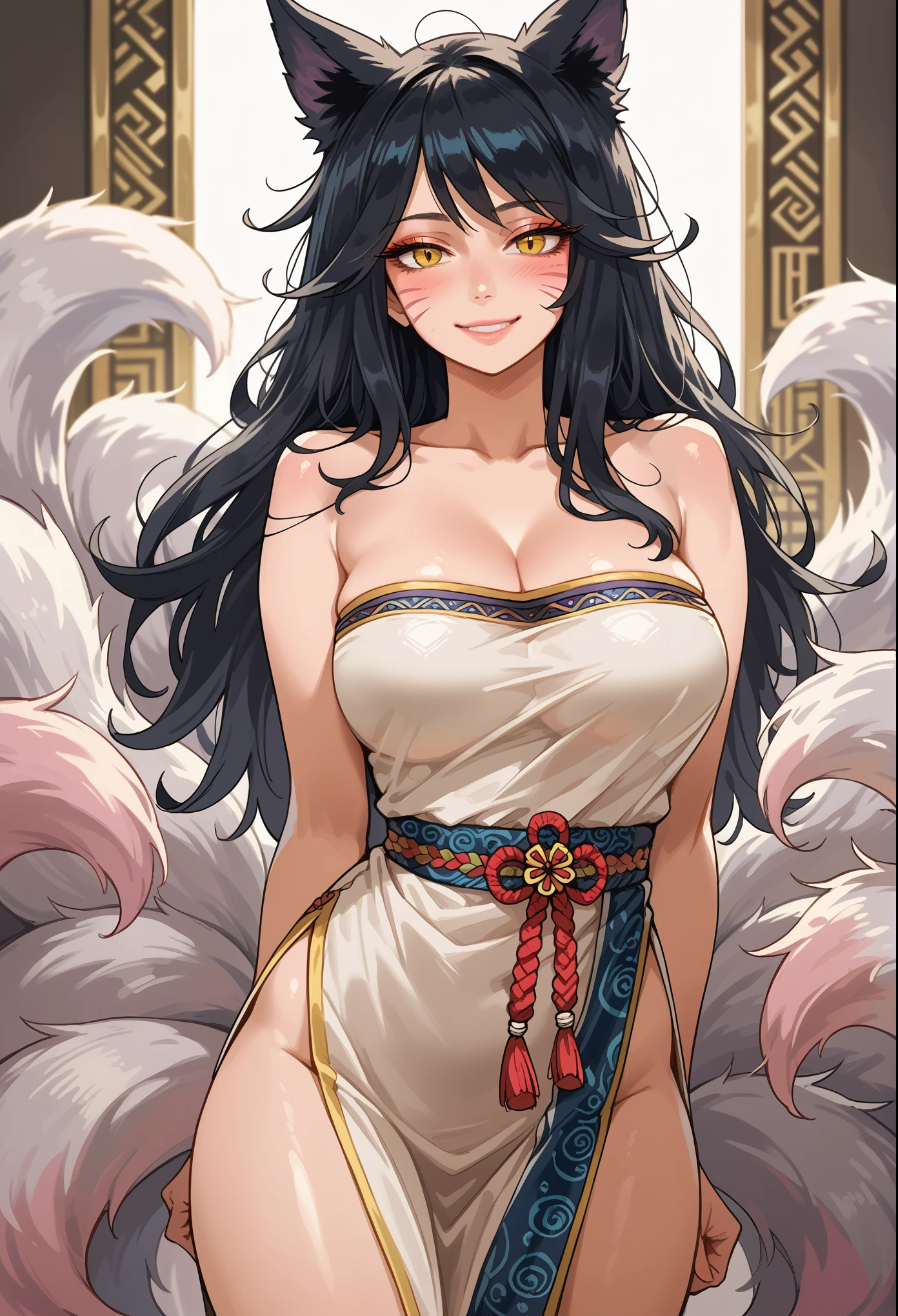 masterpiece, best quality, ultra-detailed, illustration, colorful, flat color, depth of field, 1girl, ahri, anime, standing, black hair, messy hair, yellow eyes, fox ears, looking at viewer, simple background, facial mark, hands behind back, korean dress, cleavage, traditional dress, kitsune, detailed skin texture, detailed cloth texture, beautiful detailed face, large breasts, blush, seductive smile, makeup